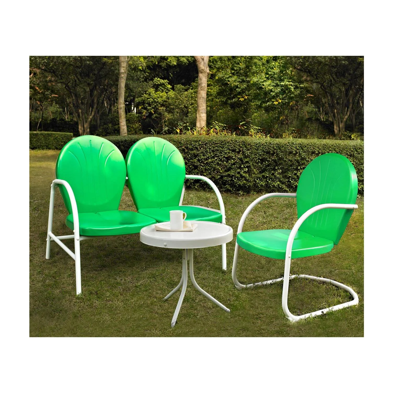 HomeStock Island Interiors 3Pc Outdoor Metal Conversation Set White Gloss/White Satin - Loveseat, Chair, & Side Table