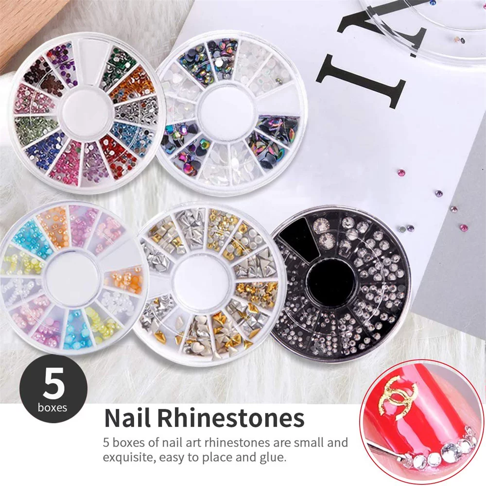 Suminiy.US Nail Art Kit | Nail Design Kit with 15 Brushes 5 Dotting Pen 10 Striping Tapes Thousands of Rhinestones Gems Crystals 12 Pots Foil Flakes