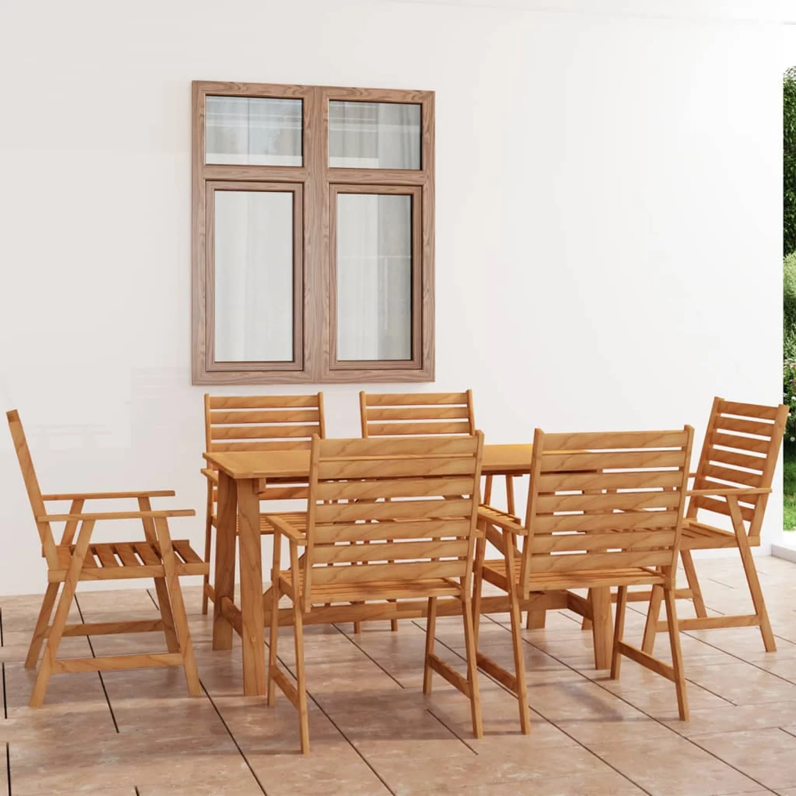 Dcenta 7 Piece Patio Dining Set Acacia Wood Table and 6 Wooden Armchairs for Outdoor, Garden, Backyard, Balcony