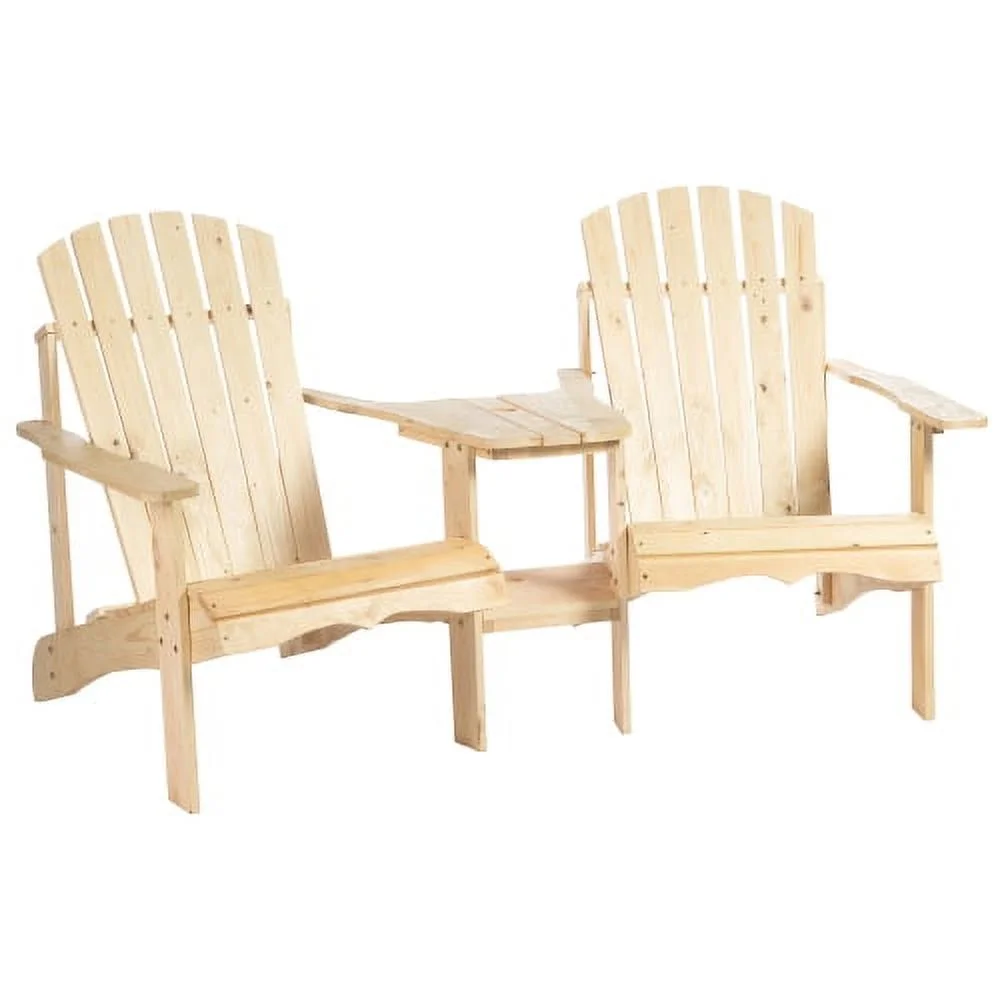 SQEWRED Wooden Adirondack Chair for Two  Outdoor Fire Pit Chair Set with Table & Umbrella Hole  Patio Chairs for Deck Lawn Pool Backyard  Natural