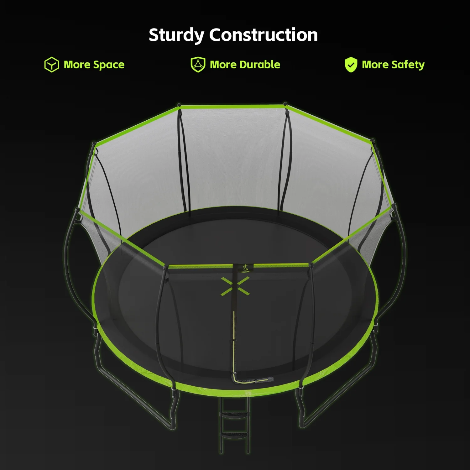 Newly Upgraded 14FT Round Outdoor Recreational Playset Trampoline with Safety Enclosure Net  Ladder  8 Wind Stakes for Kids - Enhanced Design Featuring Arc Composite Pole for Balanced Phy