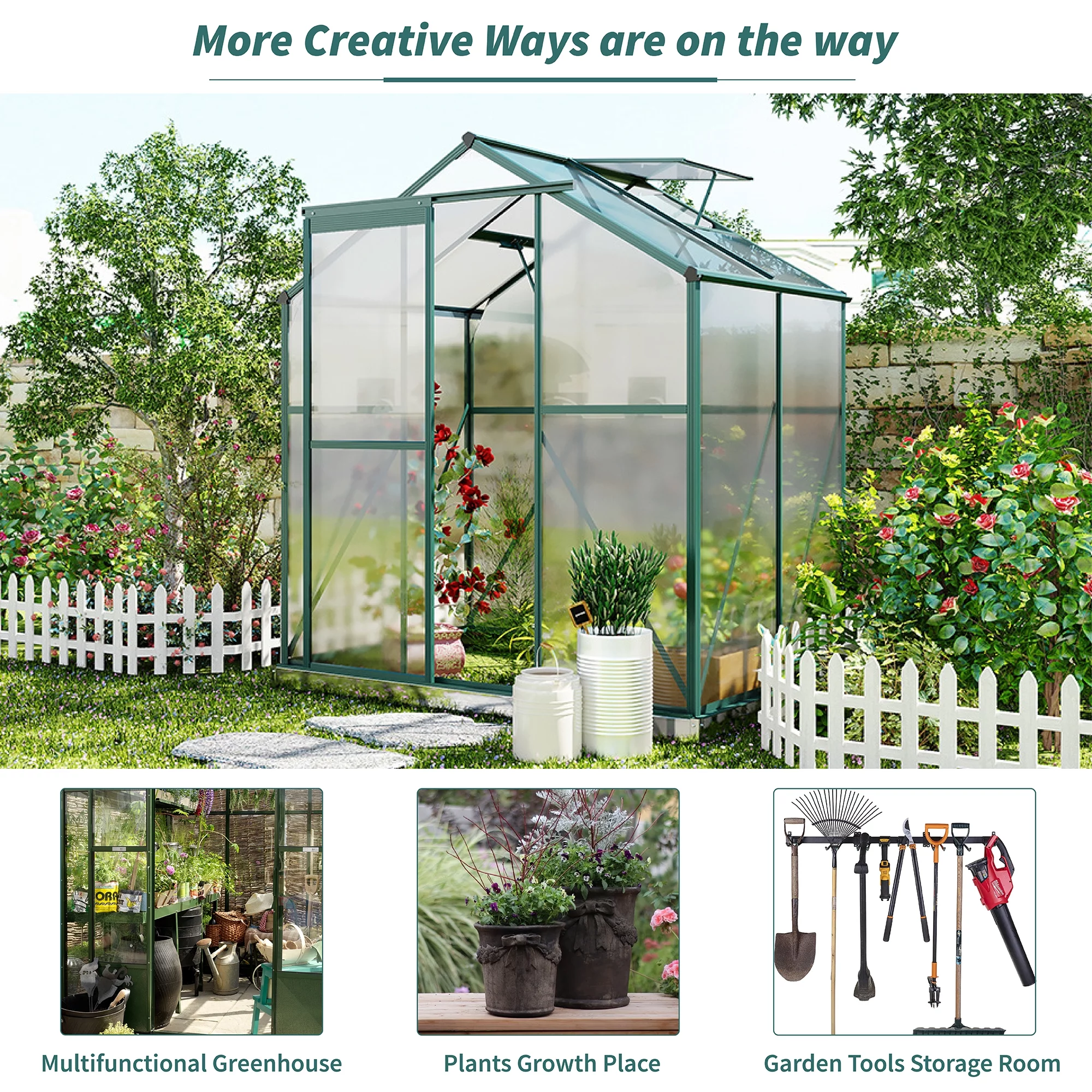 TBWYF Outdoor Polycarbonate Greenhouse, Walk in Greenhouse with Sliding Door and Rain Gutter, Aluminum Frame Grow House,6.2'x4.3'x7.4'