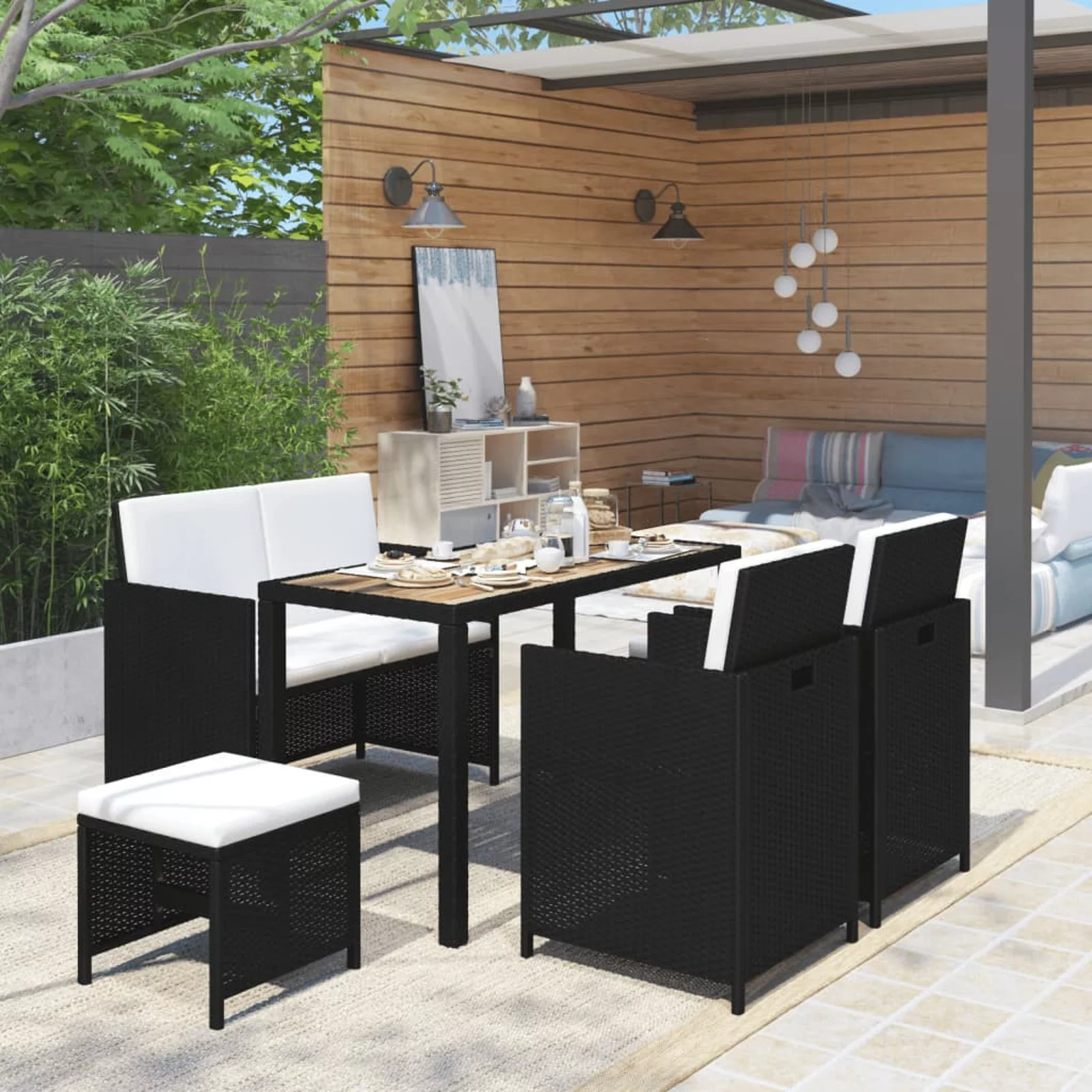 Tomshoo 6 Piece Patio Dining Set Poly Rattan and Acacia Wood Black