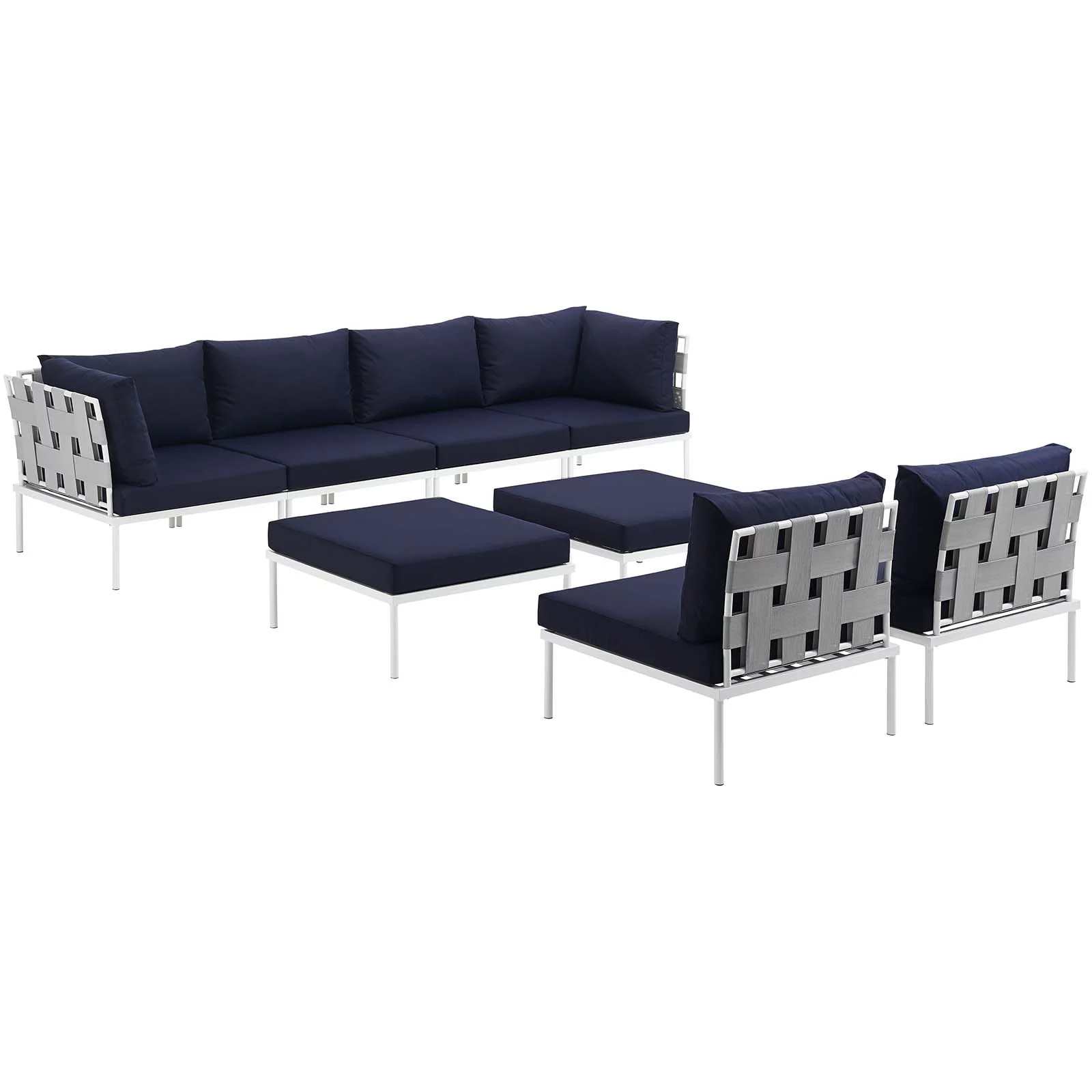 Modern Contemporary Urban Design Outdoor Patio Balcony Eight PCS Sectional Sofa Set, Navy Blue White, Rattan