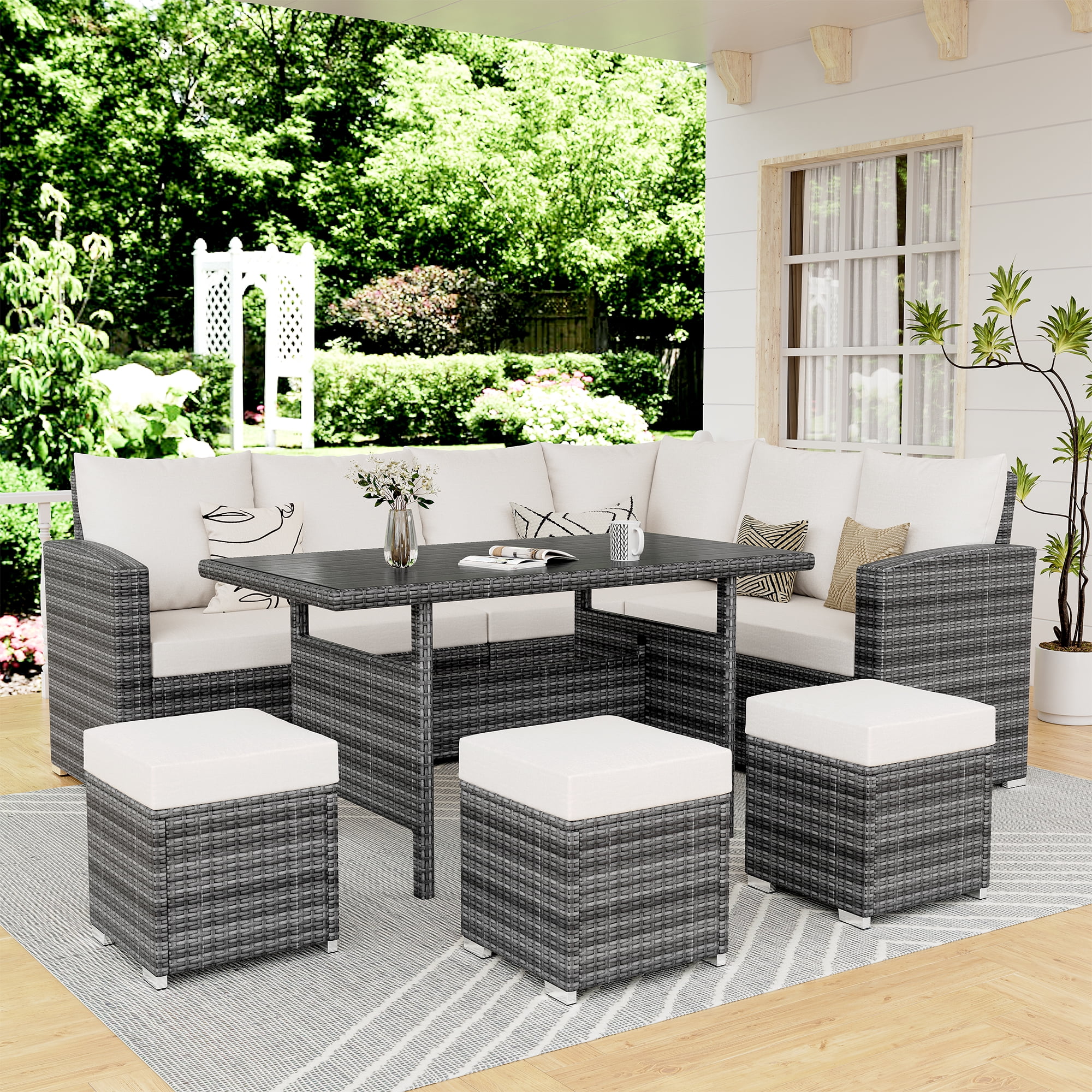 GAOMON 7 Pieces Patio Furniture Sets,Outdoor Dining Set All Weather Wicker Rattan Table and Ottomans,Sectional Sofa Conversation Set Beige