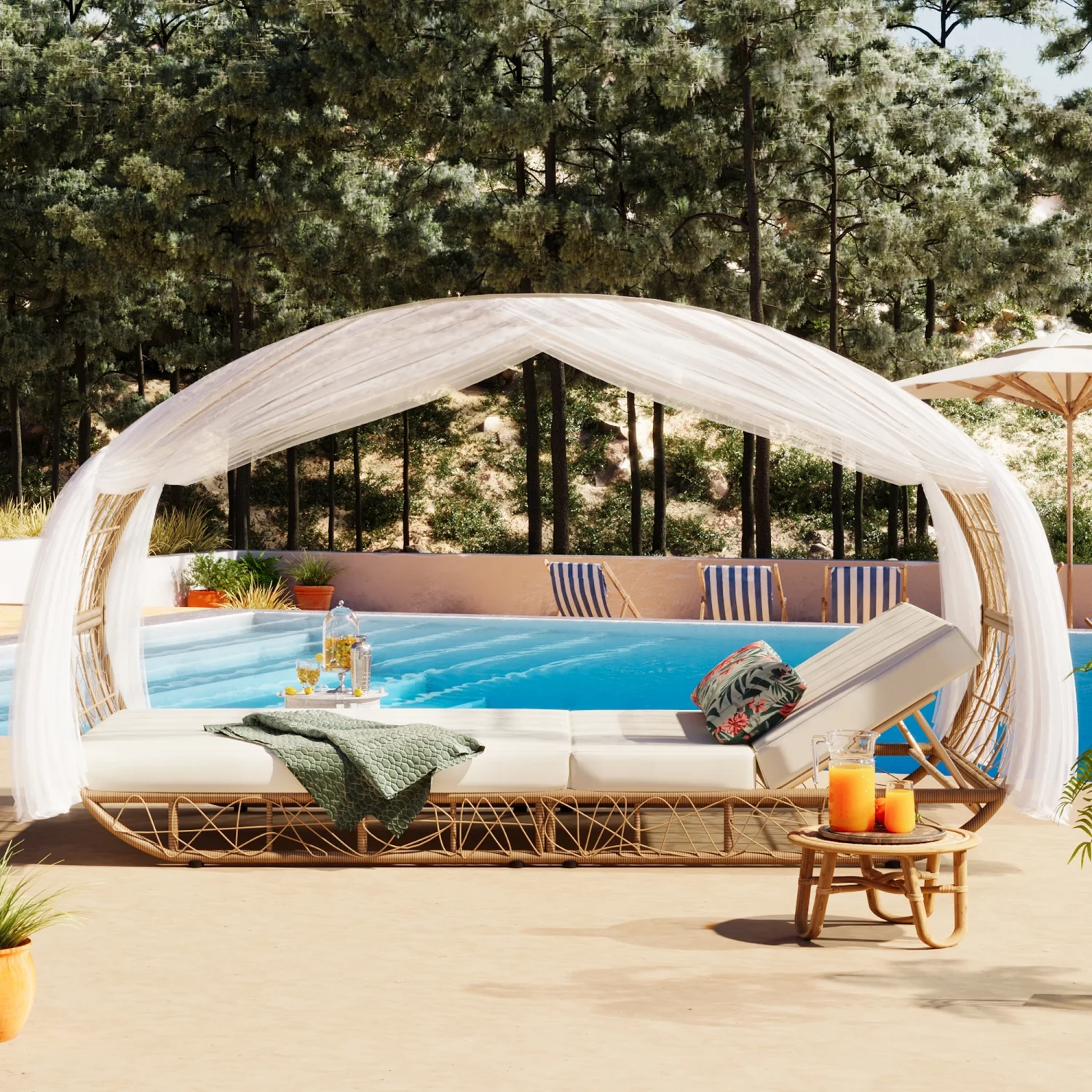 Beige Cushioned GO 90.55” Outdoor Patio Daybed with Colorful Pillow  Adjustable Backrest Wicker Sunbed  Lounge Chairs with Curtain   Recliners for Pool Garden Backyard  Natural Wicker Des