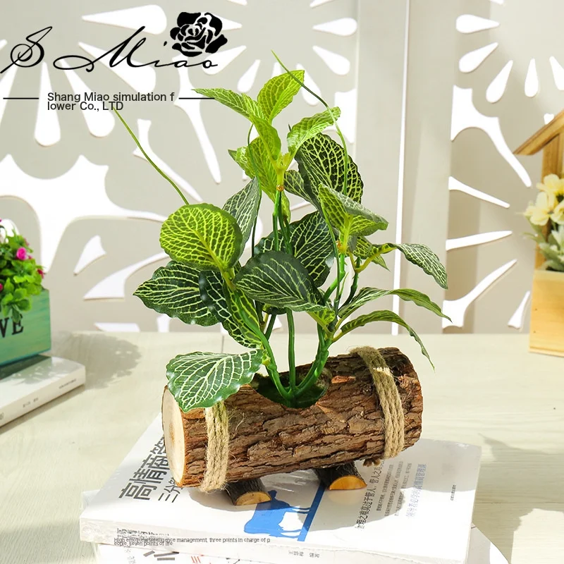 Creative wooden pot green plant bonsai household products small ornaments flower plant silk print leaves
