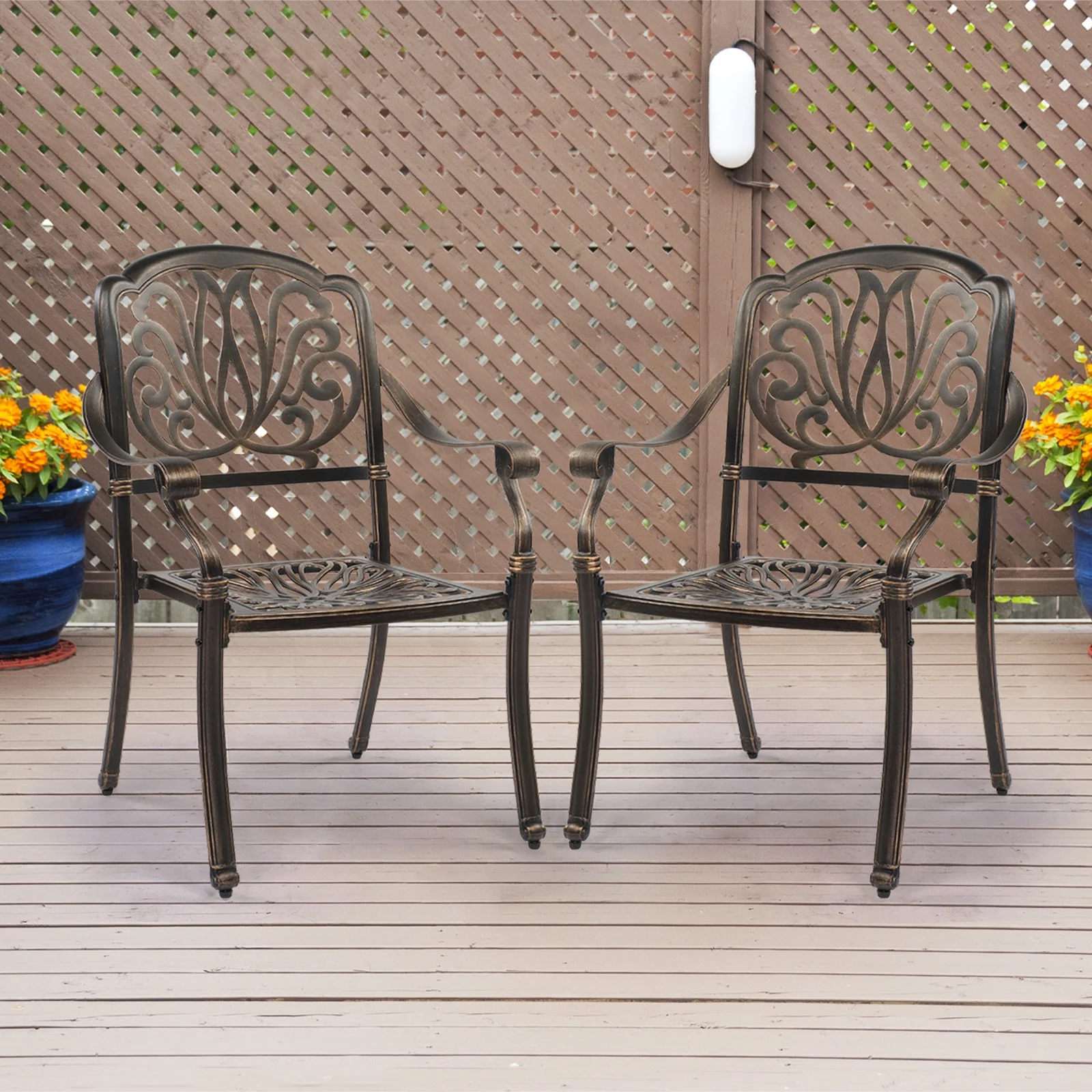 Set of 2 Stackable Cast Aluminum Patio Dining Chairs with Armrests, Antique Bronze Finish - Perfect for Balcony, Backyard, Garden, or Deck Use (Cushions Sold Separately)