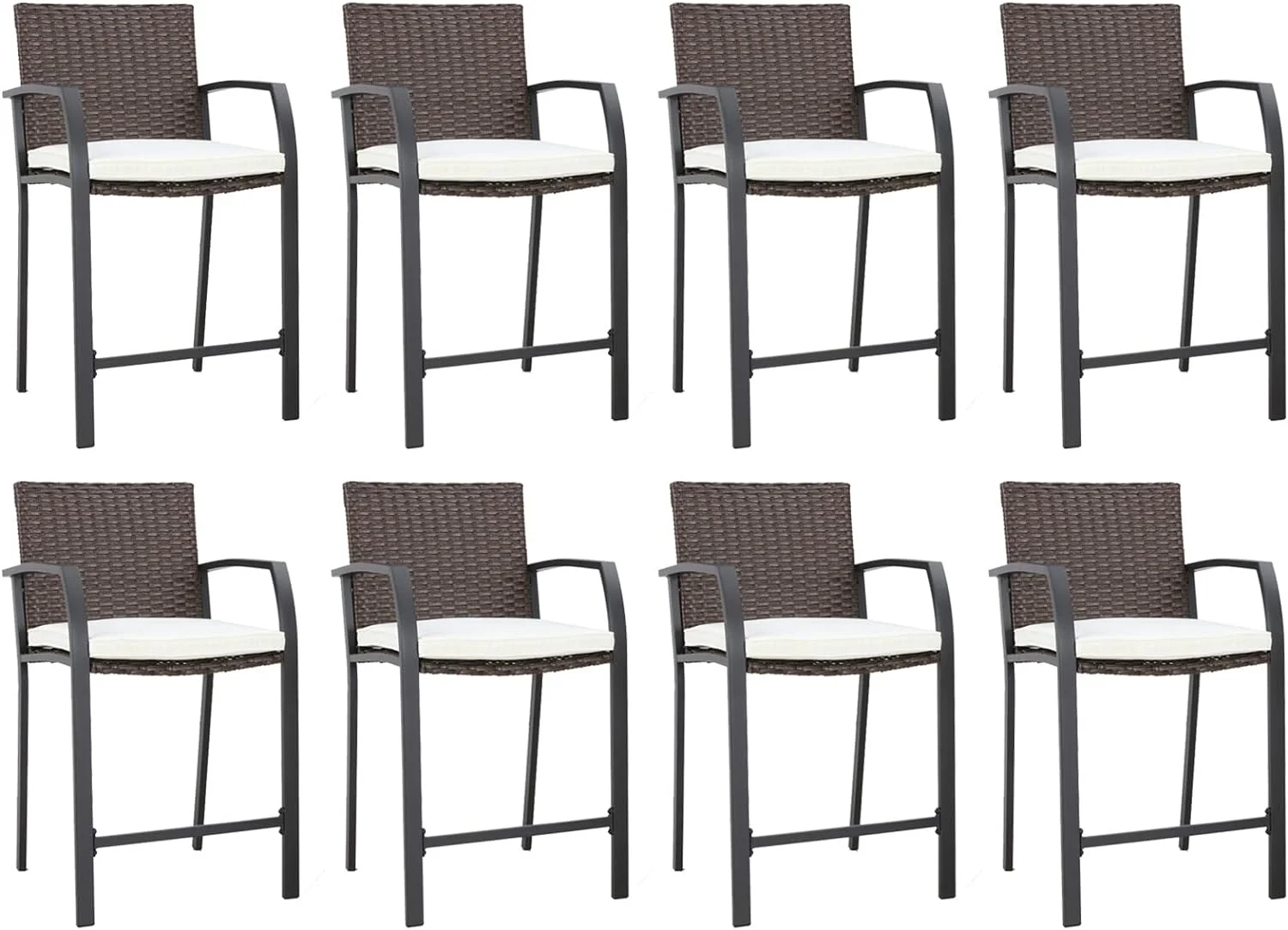 Brown Back Wicker Patio Set  Modern Garden Chairs with Beige Cushions, Footrests, and Armrests, Size  23.5 x 22 x 39 inches