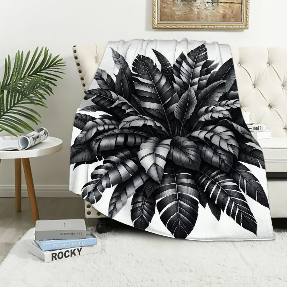TIAOTIAOHOU Exquisite Gifts Black White Tropical Plants Monstera Leaf Areca Palm Banana Leaves Flannel Blanket Throw White