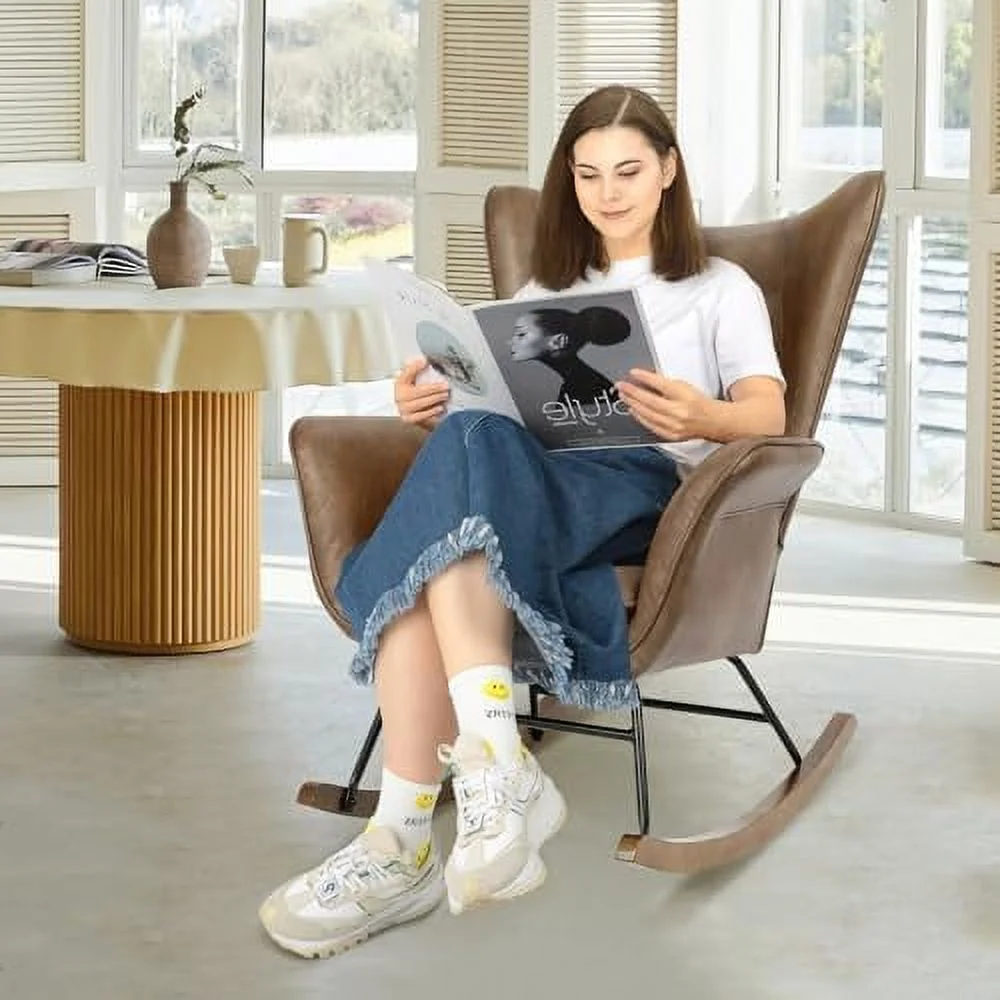 HYHBIBOOM Rocker Glider Chair  Polyester Fabric Modern Rocking Chair with Wooden Base High Backrest and Armrests Padded Seat  Comfy Upholstered Accent Chair for Living Room Bedroom Office