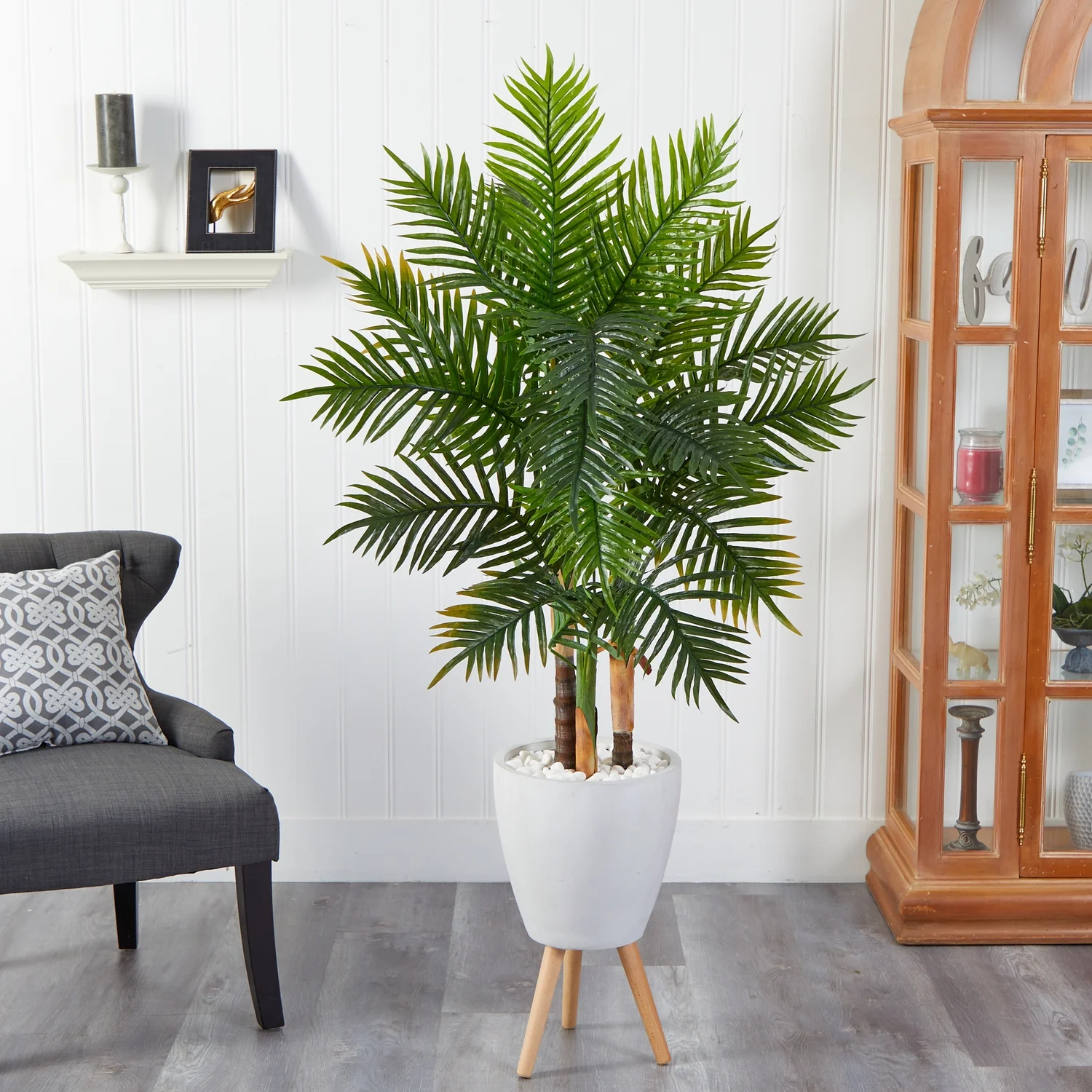 Nearly Natural 63in. Areca Artificial Palm Tree in White Planter with Stand (Real Touch)