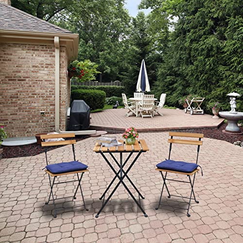 Outdoor Bistro Sets Solid Teak Wood Folding Table Set with 2 Chairs and Square Table and Waterproof Navy Cushion for Pool Beach Backyard Balcony Porch Deck Garden Patio Wooden Furniture