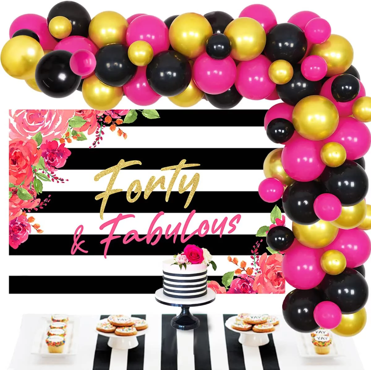 40th Birthday Decorations Women Hot Pink Black and Gold Balloon Garland & Arch Kit with Forty and Fabulous Backdrop Flower Stripes for Her 40th Birthday Party Decor