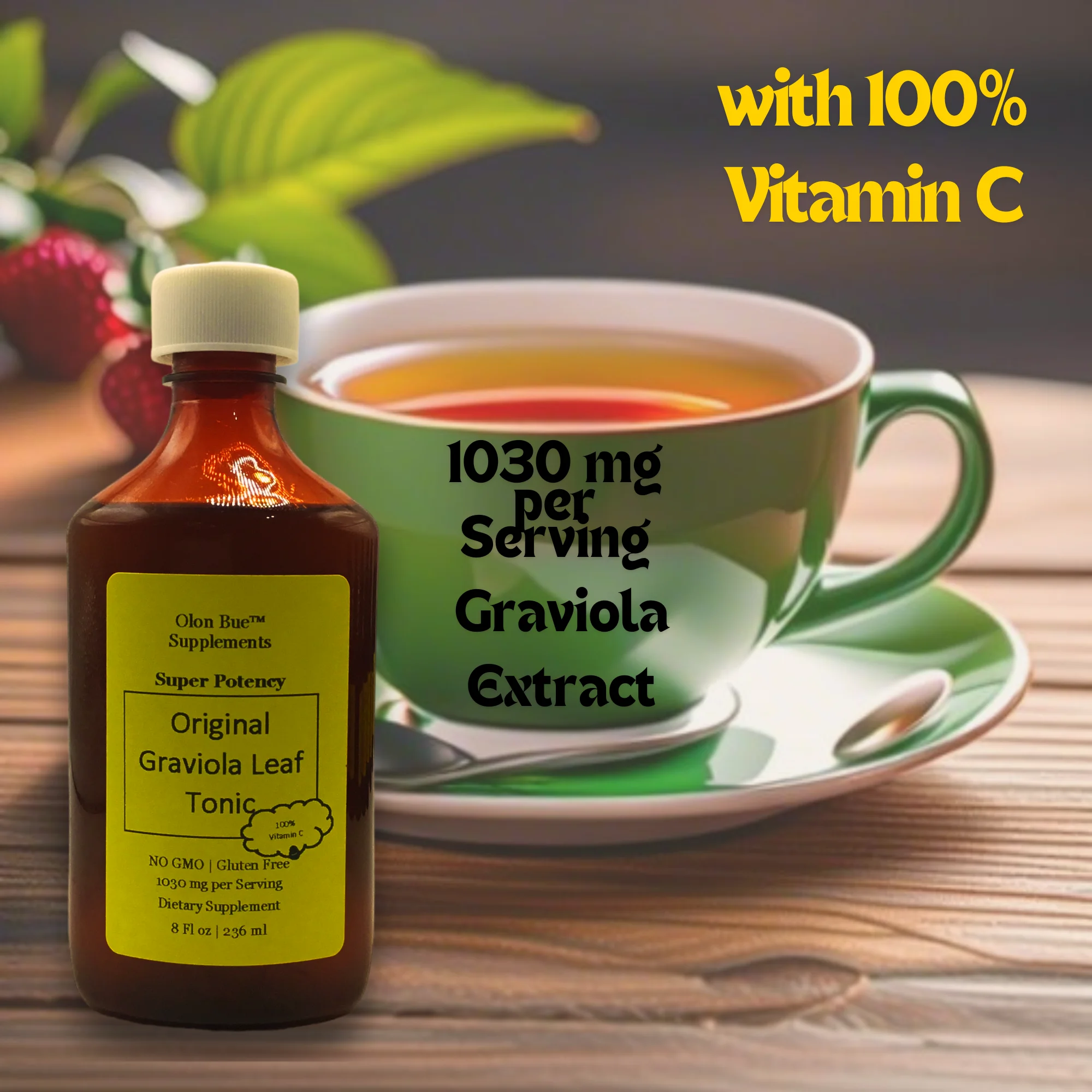 Graviola Soursop Leaf Liquid Extract Tonic, 1030 mg per serving Super Potency, with vitamin c Non GMO, vegan, immunity, energy, vitality - 8 oz - Olon Bue Supplements