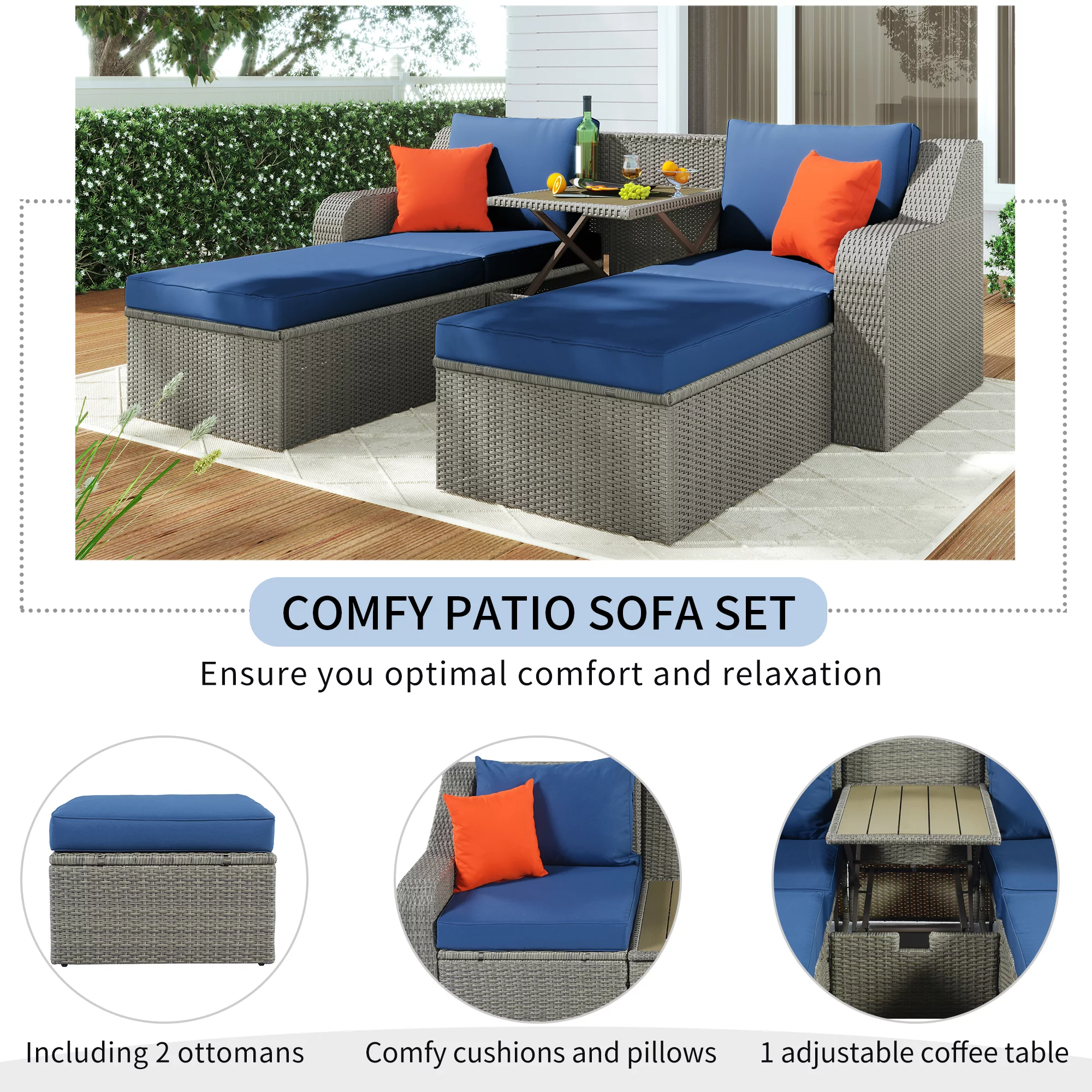 3-Piece Patio Furniture Sets, PE Wicker Rattan Sofa Conversation Chair, Patio Furniture Sofa with Cushions & Pillows & Ottomans & Lift Top Table , Blue
