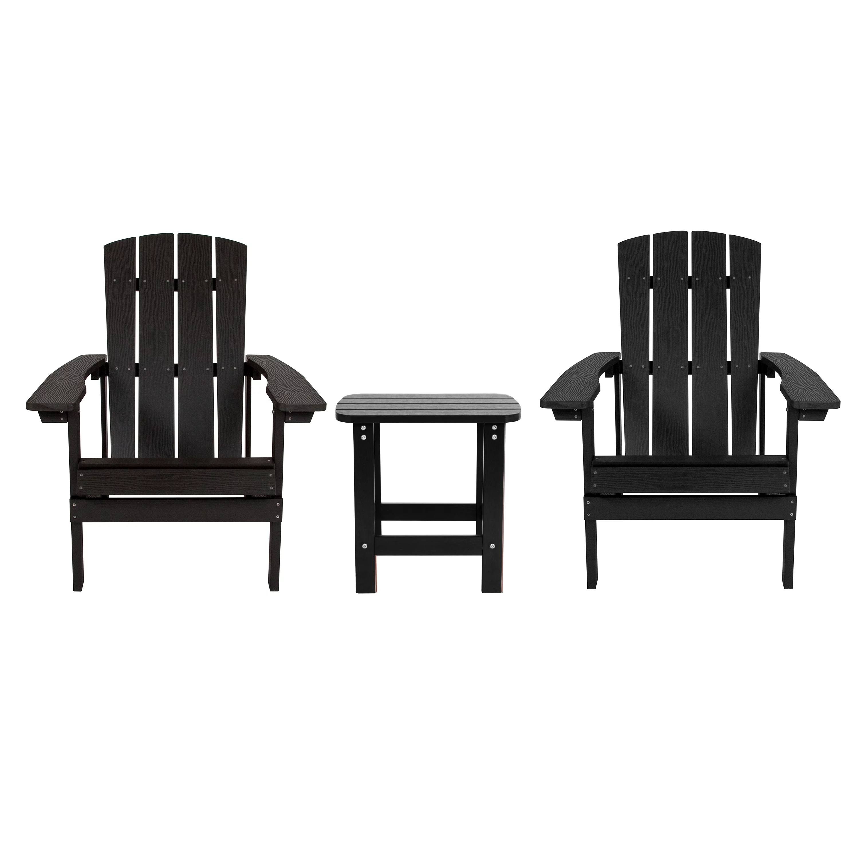 Emma + Oliver Three Piece Adirondack Style Conversation Set in Black with Two Chairs and Matching Side Table for Indoor and Outdoor Use