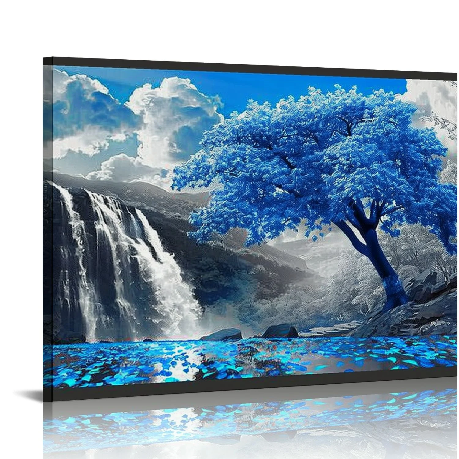 CANFLASHION Nature Landscape Canvas Wall-Art for Living Room - Waterfall Pictures for Wall - Blue Tree Wall Decor Ready to Hang