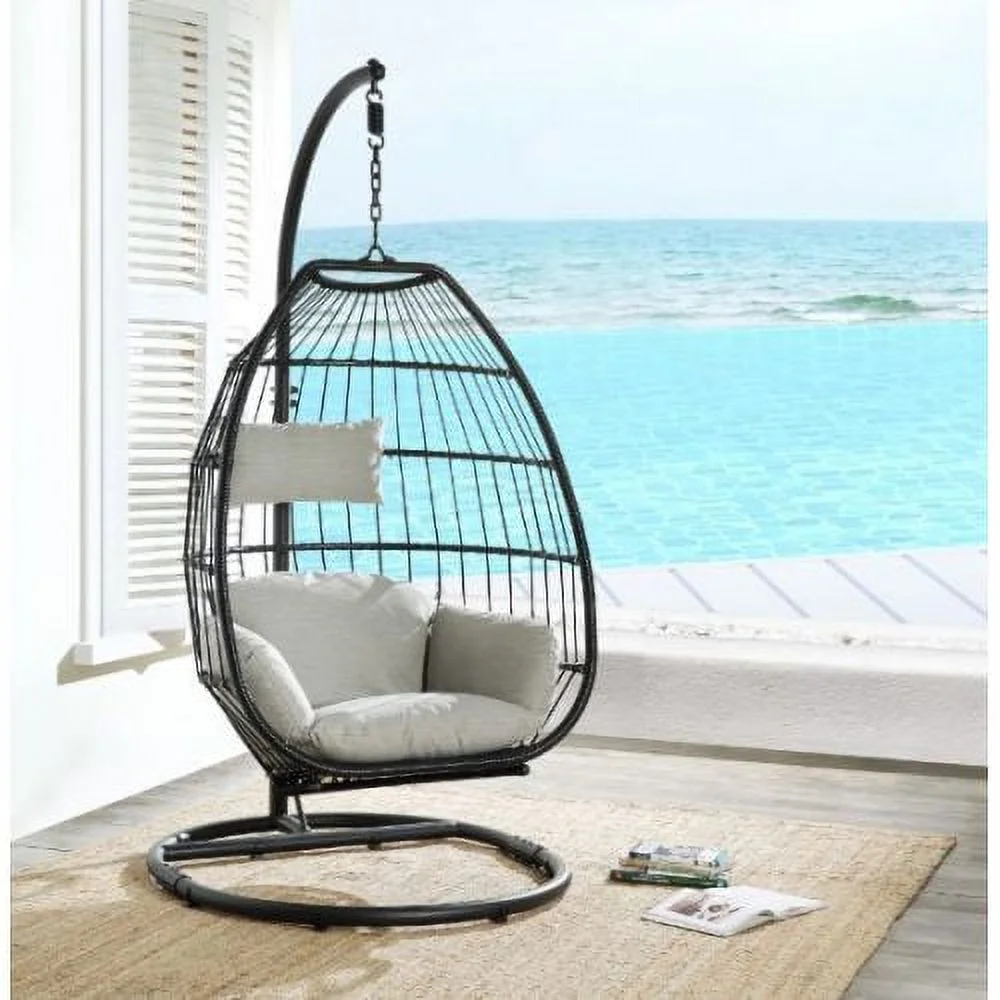 Goldmeet ACME Oldi Patio Hanging Chair with Stand, Beige Fabric & Black Wicker 45115