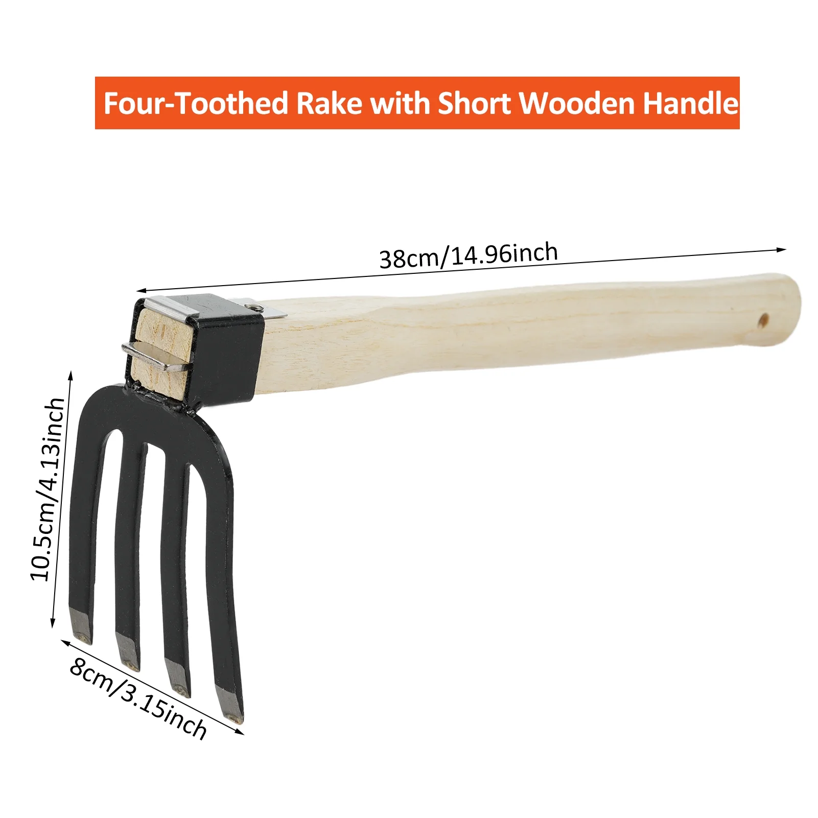 Four-Toothed Rake with Short Wooden Handle, Bendproof Garden Hand Rake Tool, Great for Loosening or Weeding Soil