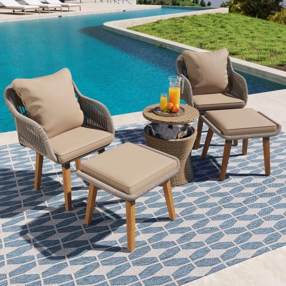 Wohh 5 Pieces Patio Furniture Chair Sets,Patio Conversation Set With Wicker Cool Bar Table,Ottomans,Outdoor Furniture Bistro Sets for Porch,Backyard,Balcony,Poolside Brown