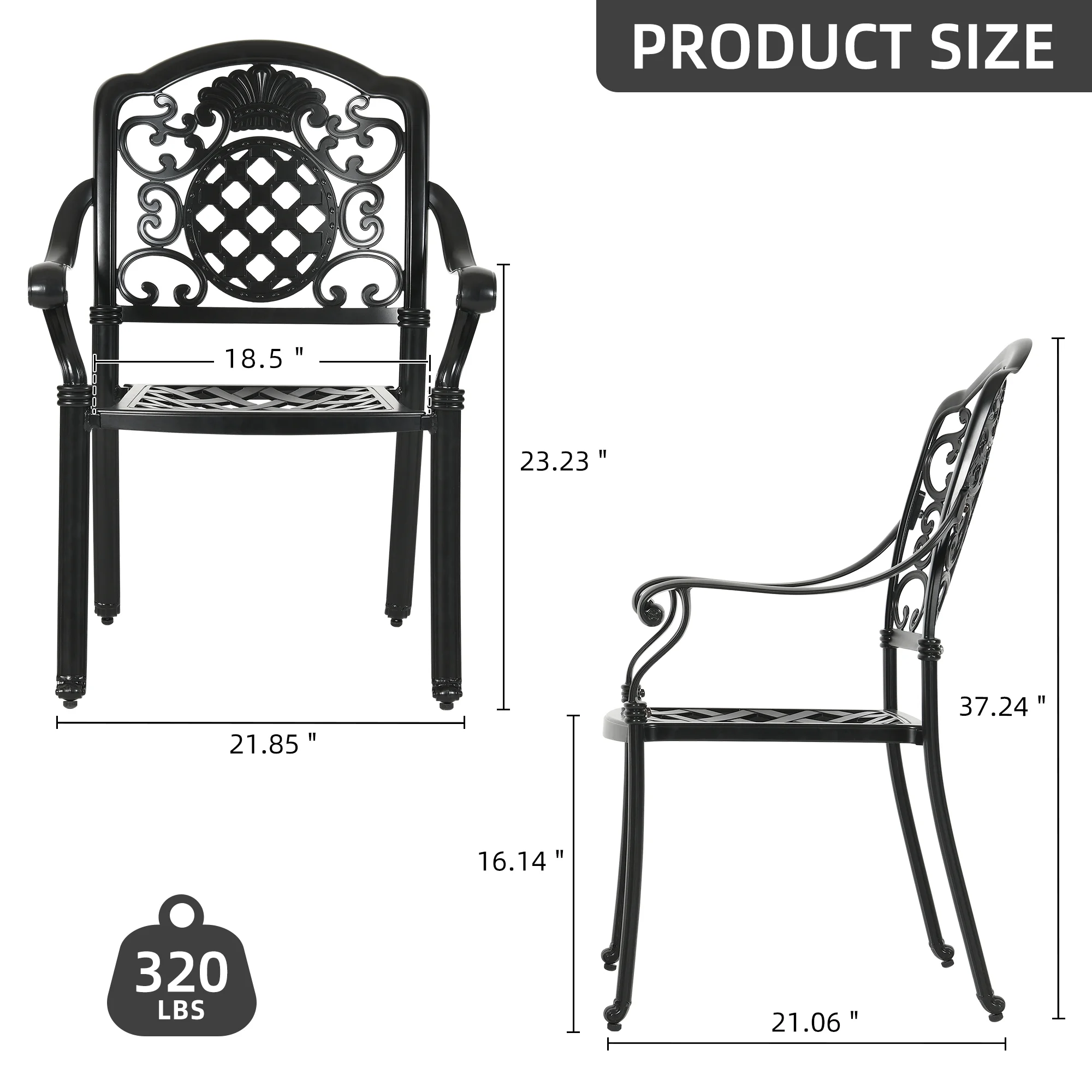 DWVO Set of 2 Cast Aluminum Dining Chairs Durable Solid Construction W/Armrest - Black