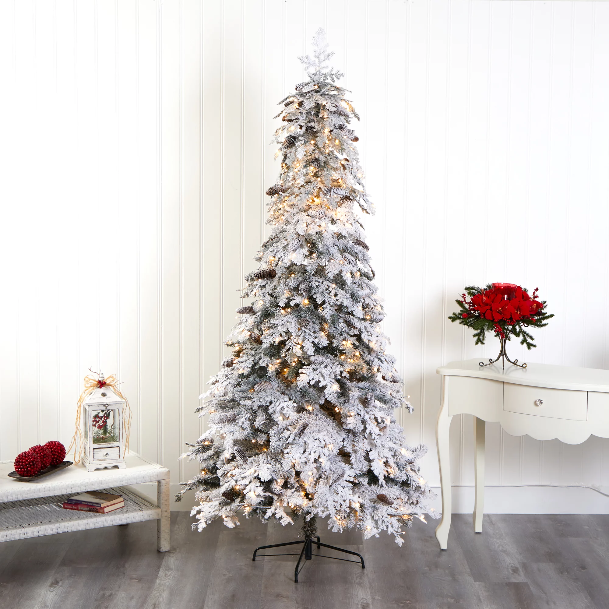 Nearly Natural 8' Flocked Spruce Artificial Christmas Tree Prelit with LED Lights, White