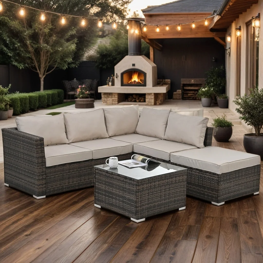4 Pieces Patio Furniture Set, Patio Conversation Set, All Weather Outdoor Sectional Wicker Rattan Patio Seating Sofa with Cushion and Glass Table, Beige