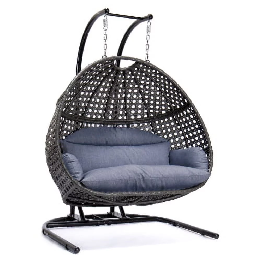 Buumin Charcoal Wicker Hanging Double-Seat Swing Chair with Stand w/Dust Blue Cushion
