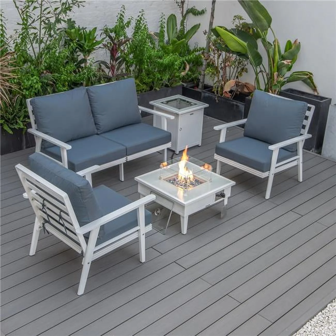 Walbrooke Modern White Patio Conversation with Square Fire Pit & Tank Holder, Navy Blue