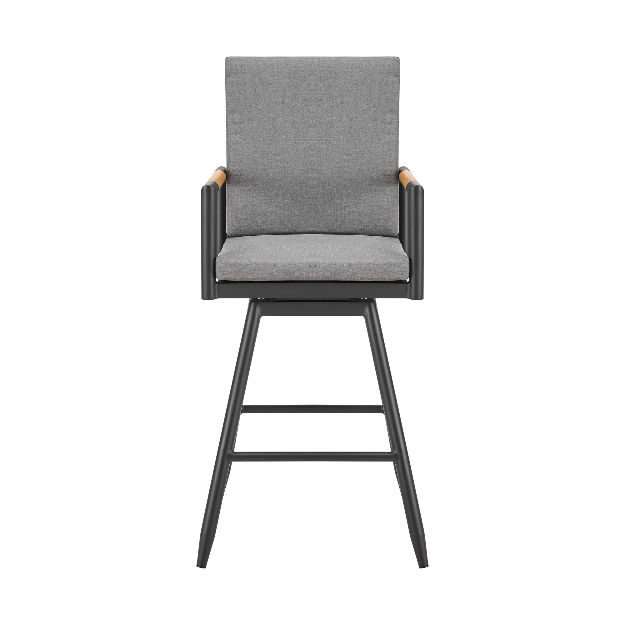 Crown Outdoor Patio Swivel Bar Stool in Aluminum with Tan Rope and Dark Gray Cushions