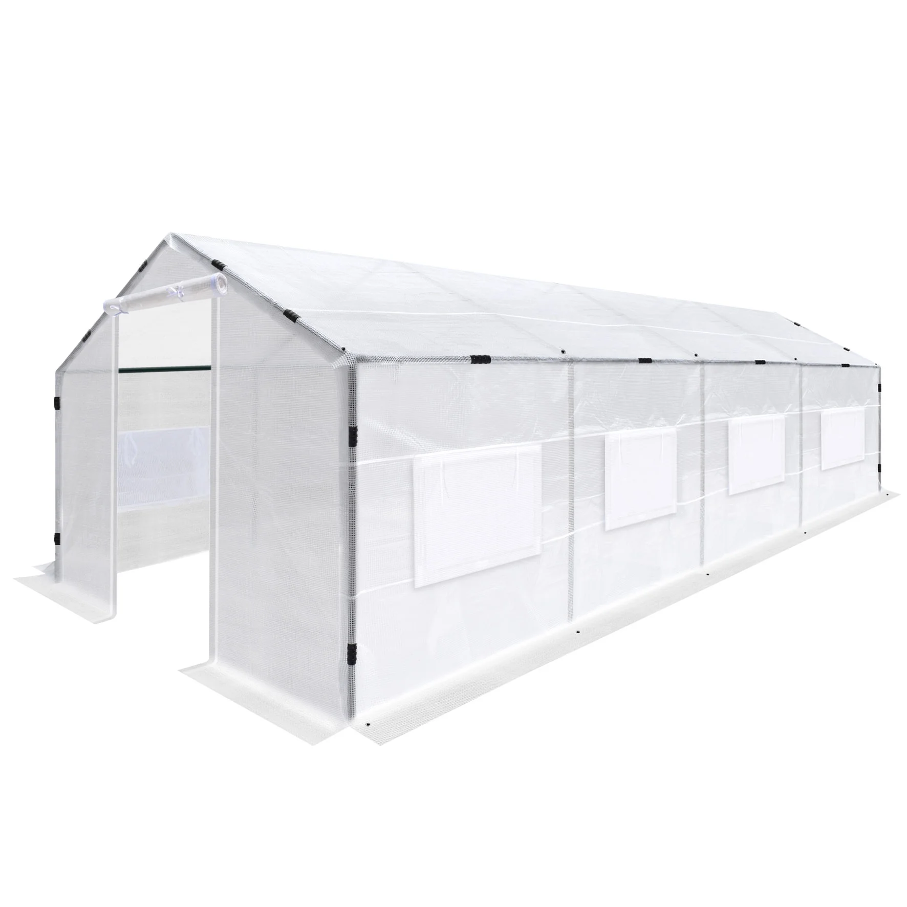 YardGrow Large Walk-in Greenhouse Peak Roof Metal Frame PE Cover with 2 Doors and ABS Clamps