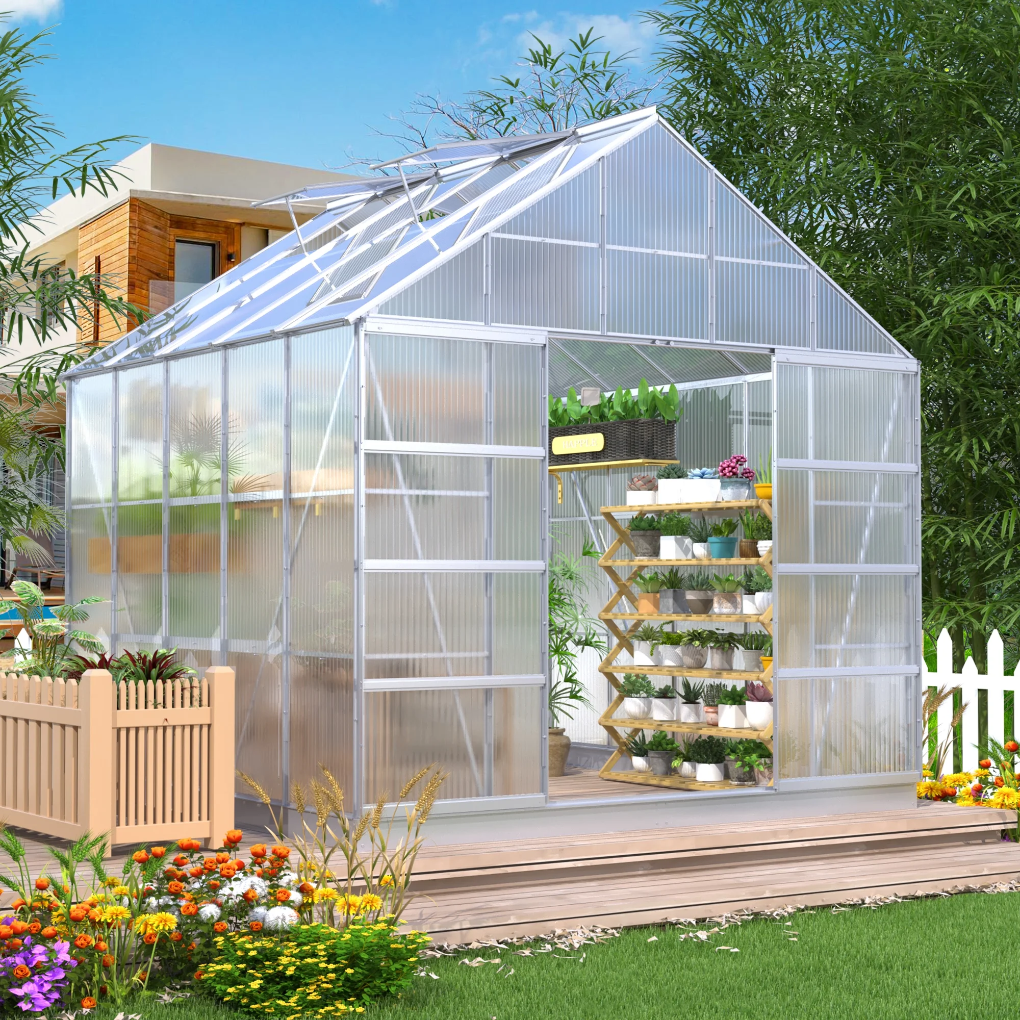 Hommow 10' x 10' Walk-in Hobby Greenhouse, Outdoor Sliver Aluminum Frame Polycarbonate Green House with Adjustable Roof Vent