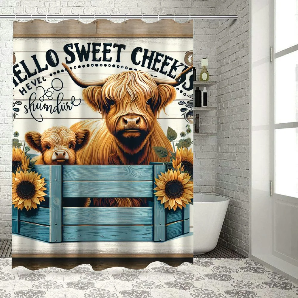 Lzatpd Farmhouse Highland Cow Shower Curtain Rustic Sunflower Truck Western Cattle Floral Butterfly Country Waterproof Polyester Fabric Bathroom Bathtub