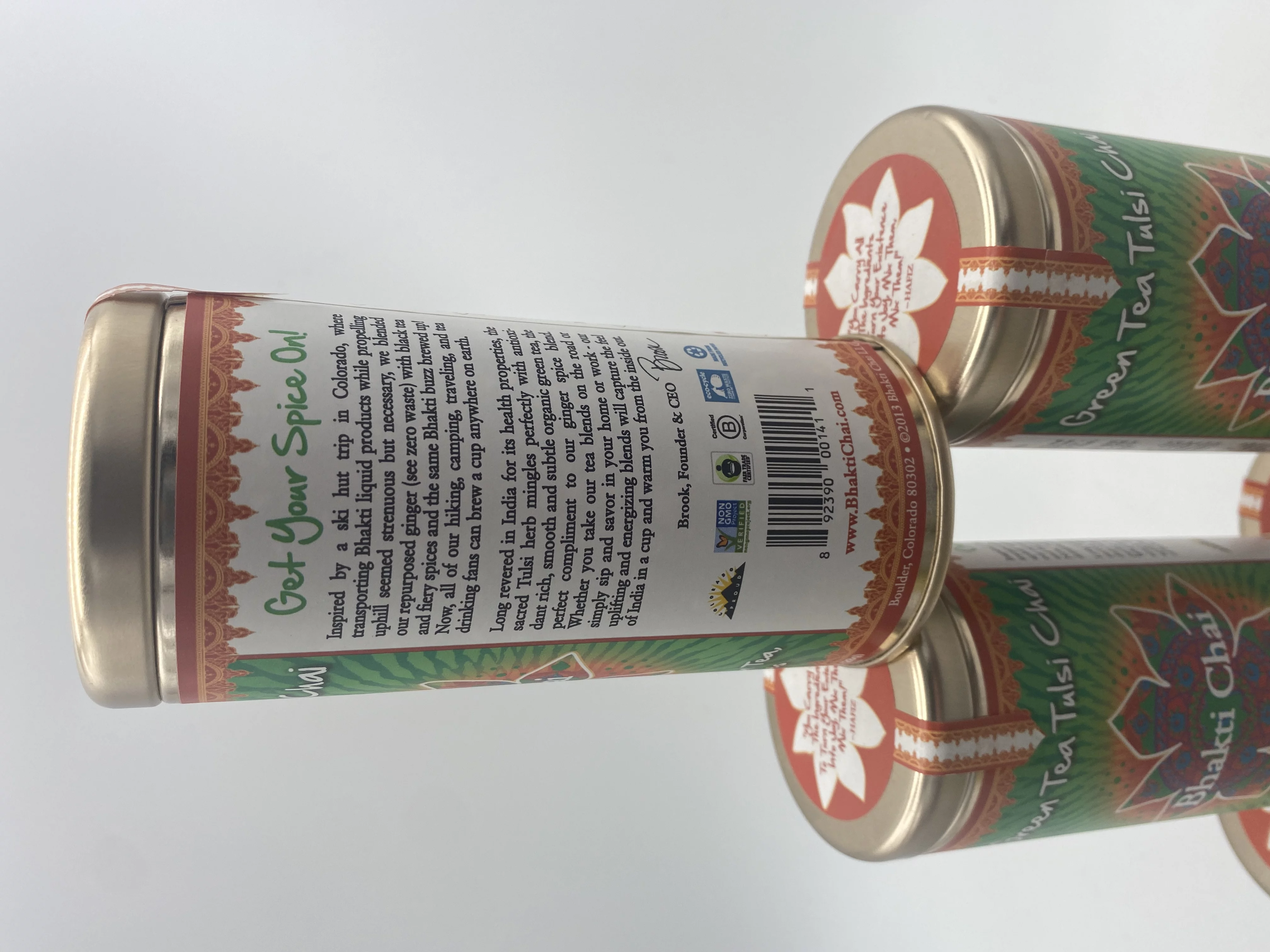 Green Tea Tulsi Chai Bhakti Chai Artisan Blend of Green Tea Tulsi,Ginger & Spices (6 Canisters) 16 Silk Pyramid Bags Each