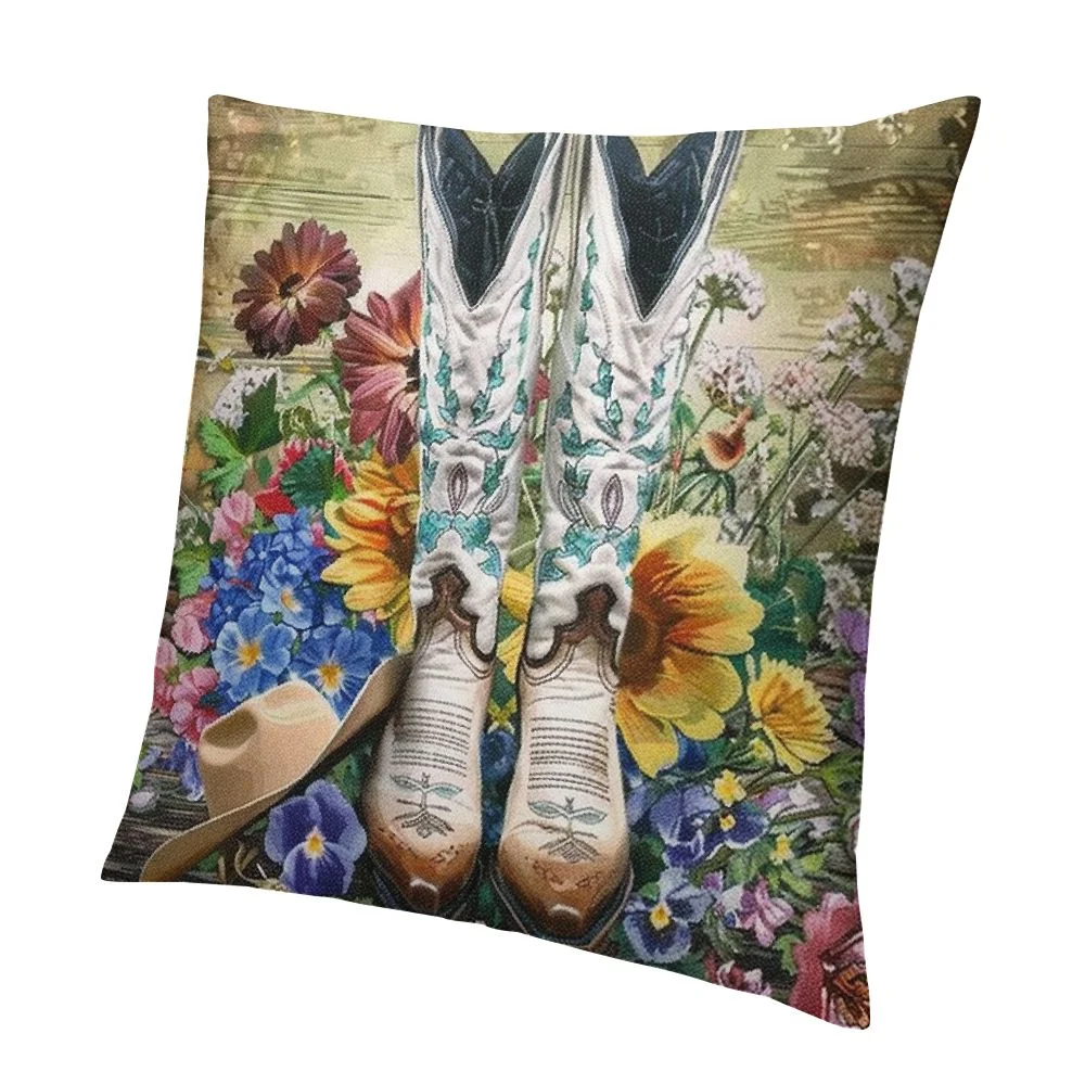 Ollo0ord Western Pillow Covers for Throw Pillow Covers,Sunflowers West Hat Cushion Cases,Retro Country Floral Decorative Pillow Covers White