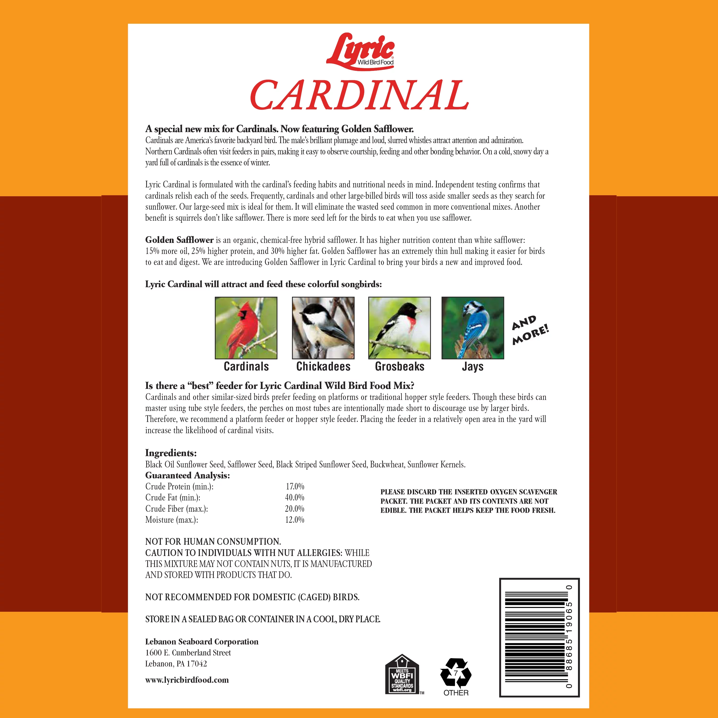 Lyric Cardinal Wild Bird Seed, Sunflower & Safflower Premium Bird Food Mix - 3.75 lb. Bag