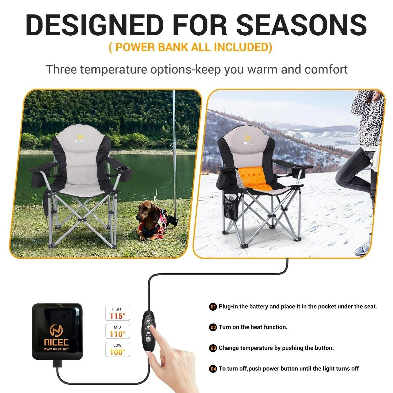 Heated Camping Chair, Heated Chair, Beach Chair, Folding Chair, Extra Wide and Thick Padding, Heavy Duty with Cooler