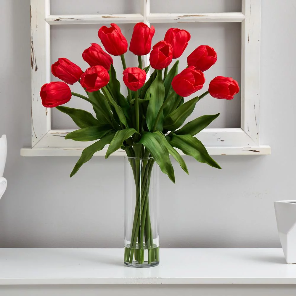 Nearly Natural A1826-RD 23 in. Artificial Tulip Arrangement with Cylinder Glass Vase, Red