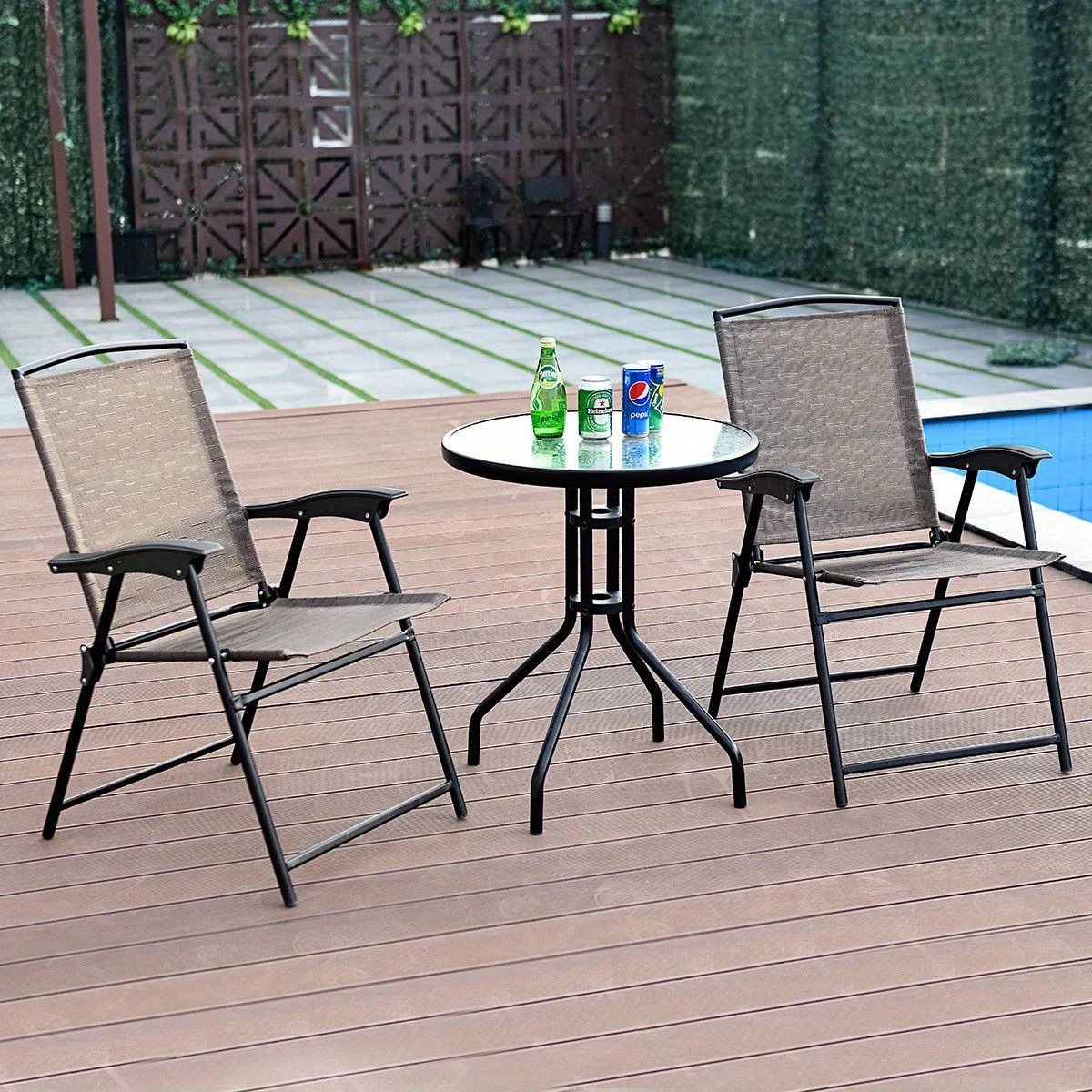 3PC Bistro Patio Garden Furniture Set 2 Folding Chairs Glass Table Top Steel NEW