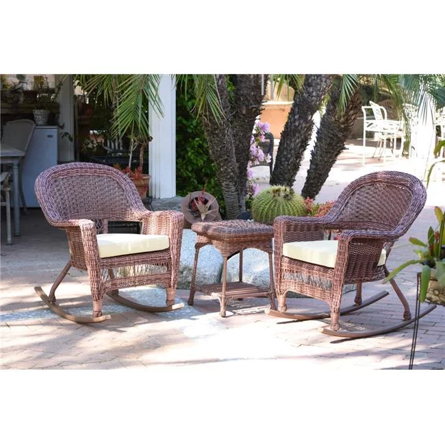 W00205R-C-2-RCES001 Honey Rocker Wicker Chair Set with Ivory Cushion - 3 Piece