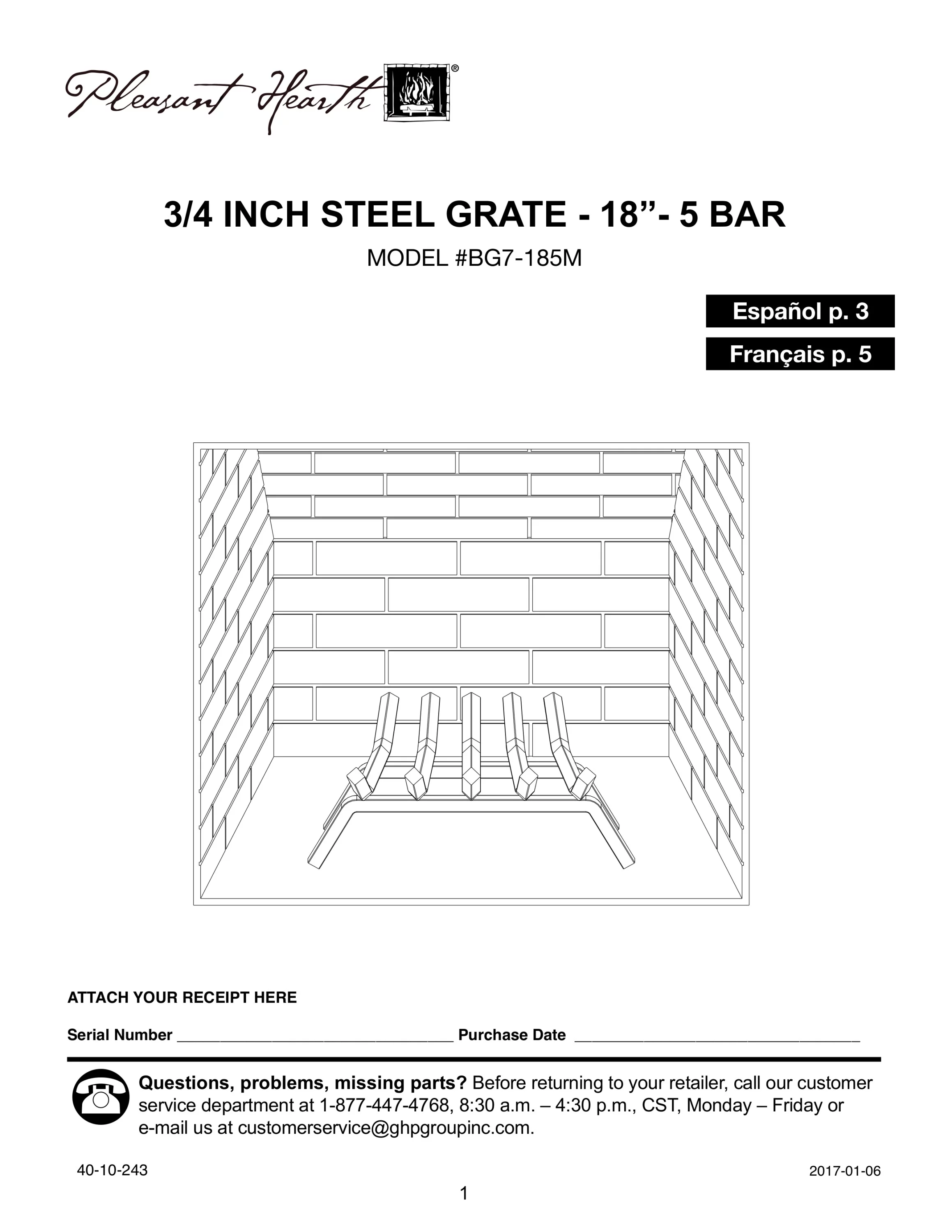 Pleasant Hearth  3/4in. Steel Fireplace Log Grate -18in. - 5 bar