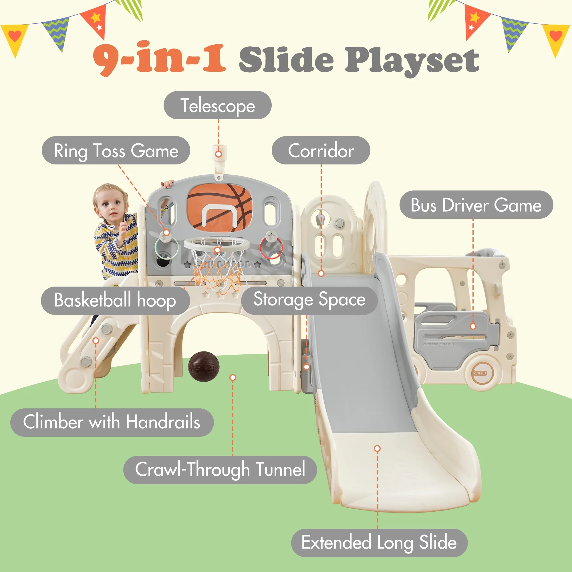 Kids Slide Playset Structure 9 in 1, Freestanding Castle Climbing Crawling Playhouse with Slide, Arch Tunnel, Ring Toss, Realistic Bus Model and Basketball Hoop, Toy Storage Organizer for Toddlers