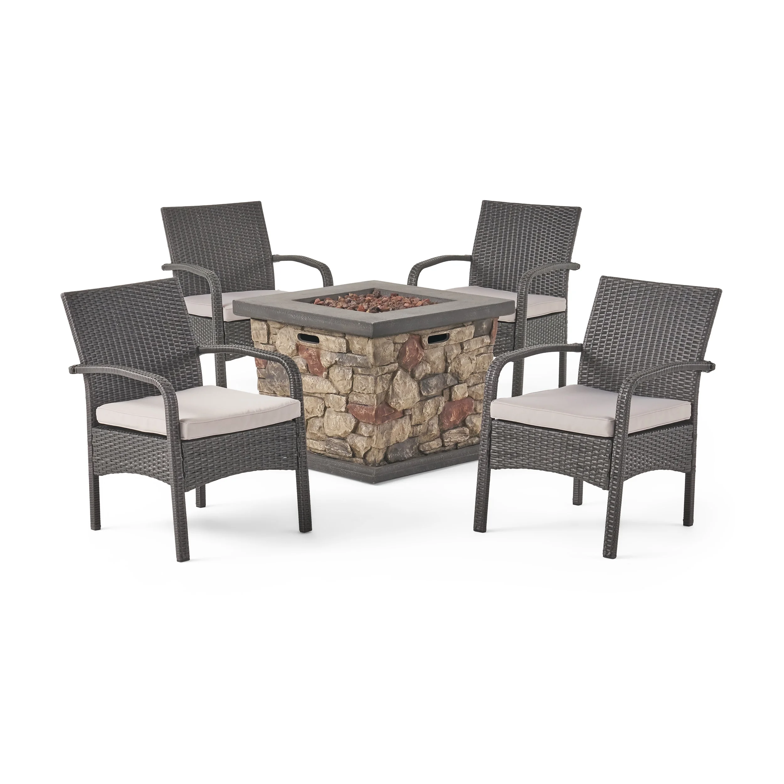 GDF Studio Foisy Outdoor Wicker 5 Piece Club Chair and Fire Pit Set with Cushion, Gray, Light Gray, and Stone