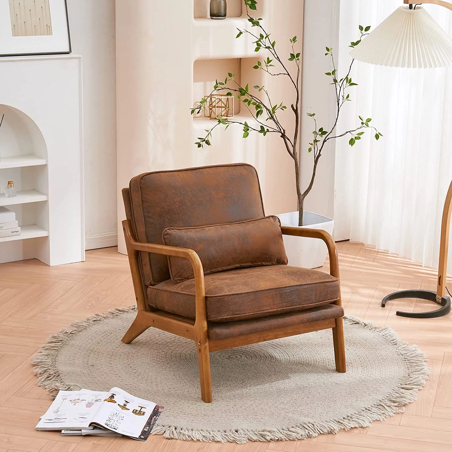 Accent Chair Mid-Century Modern Chair with Pillow Bronzing Cloth Lounge Arm Chair with Solid Wood Frame & Soft Cushion for Living Room, Bedroom, Belcony, Brown
