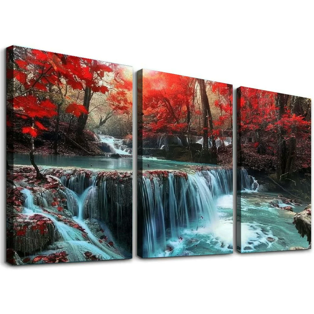 Ullo0ord Wall Art Decor Canvas Print Picture Red Forest Waterfalls Modern Landscape Tree for Living Room Bedroom Kitchen Office Home Decorations Stretched and Framed Ready to Hang