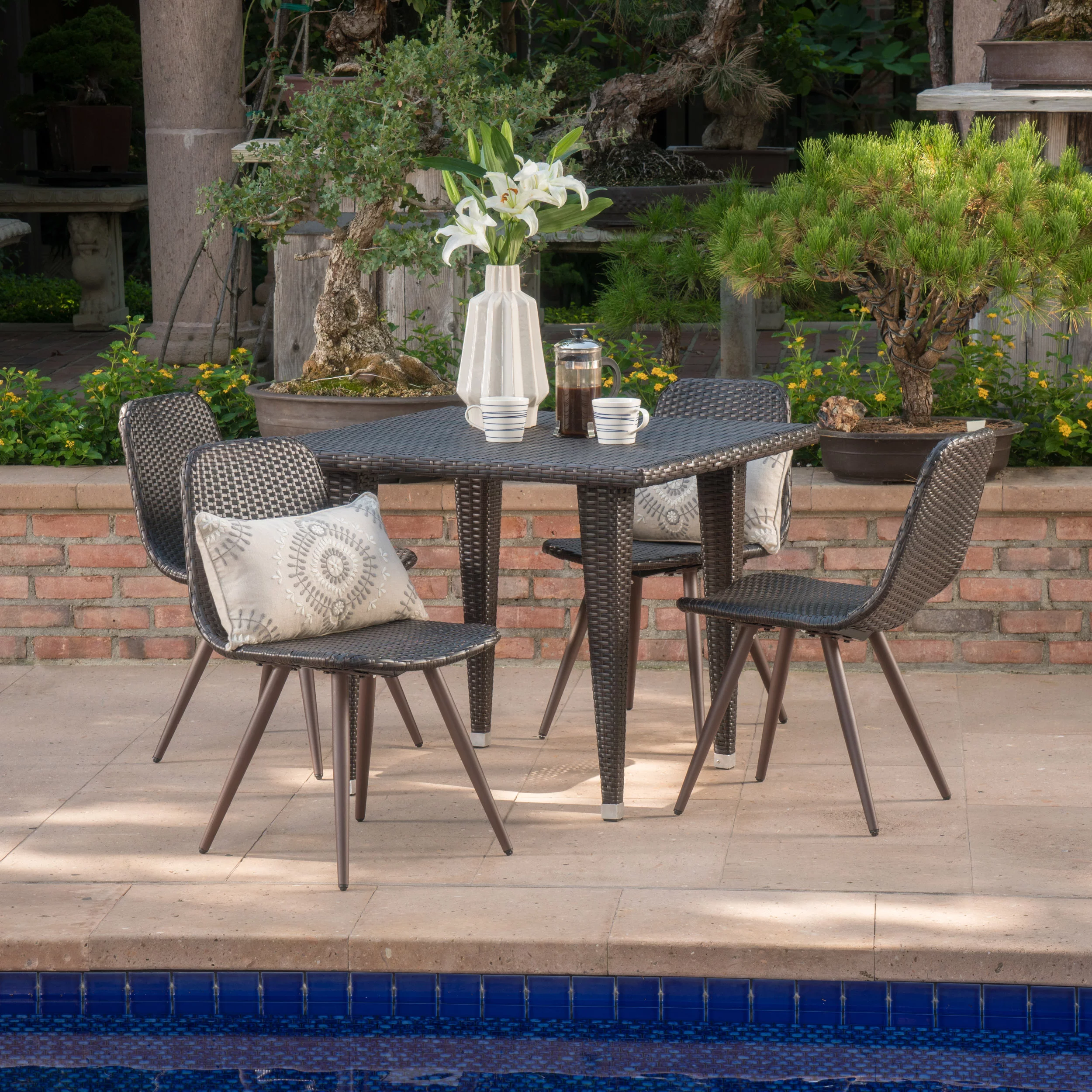 Troy Outdoor 5 Piece Wicker 35 Inch Square Dining Set, Multibrown