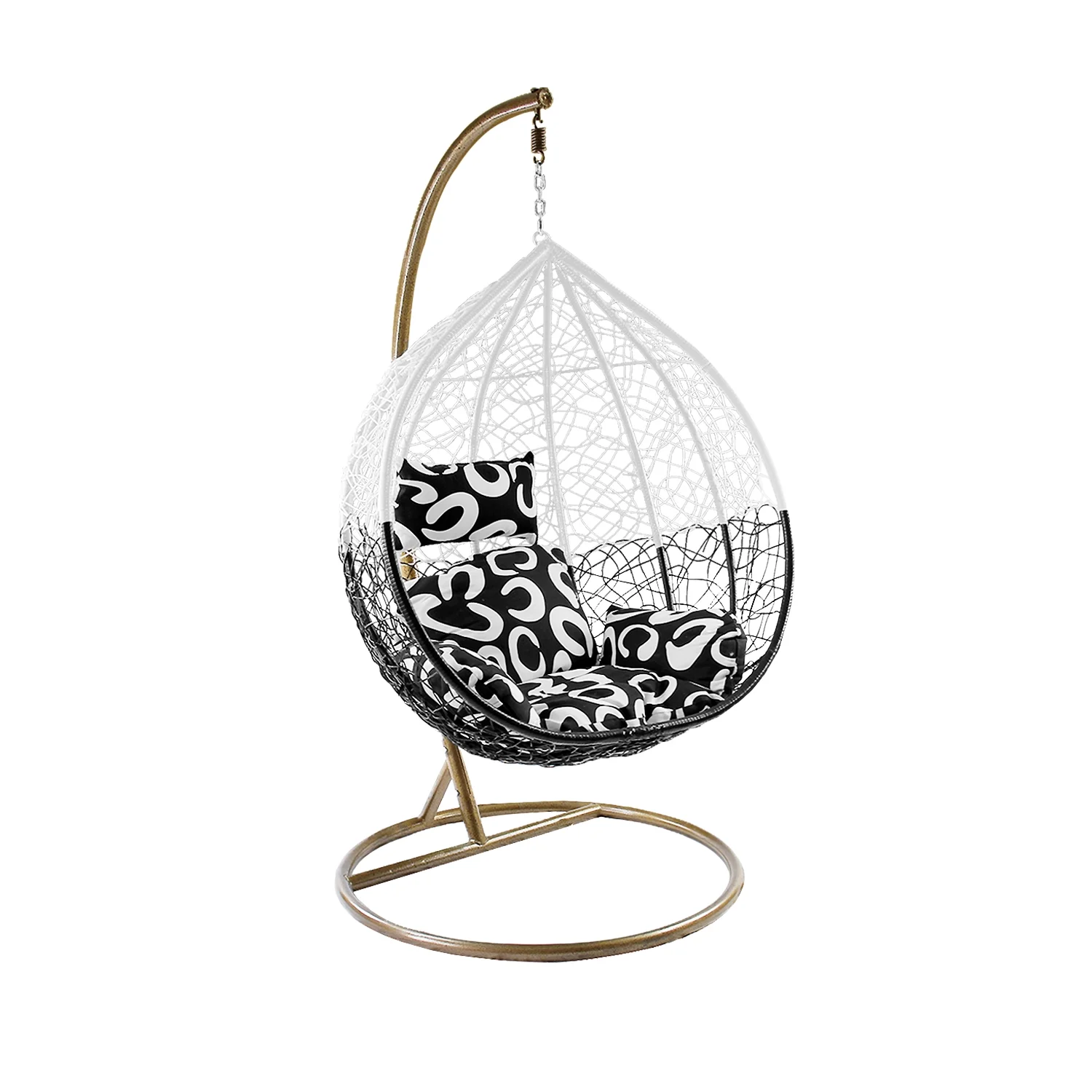 Wicker Rattan Hanging Swing Chair with White Metal Stand and Cushion