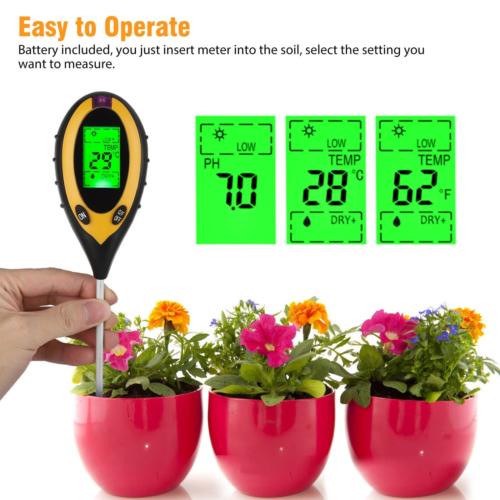 LCD Digital PH Soil Tester Water Moisture Temperature Sunlight Test Meter Plant