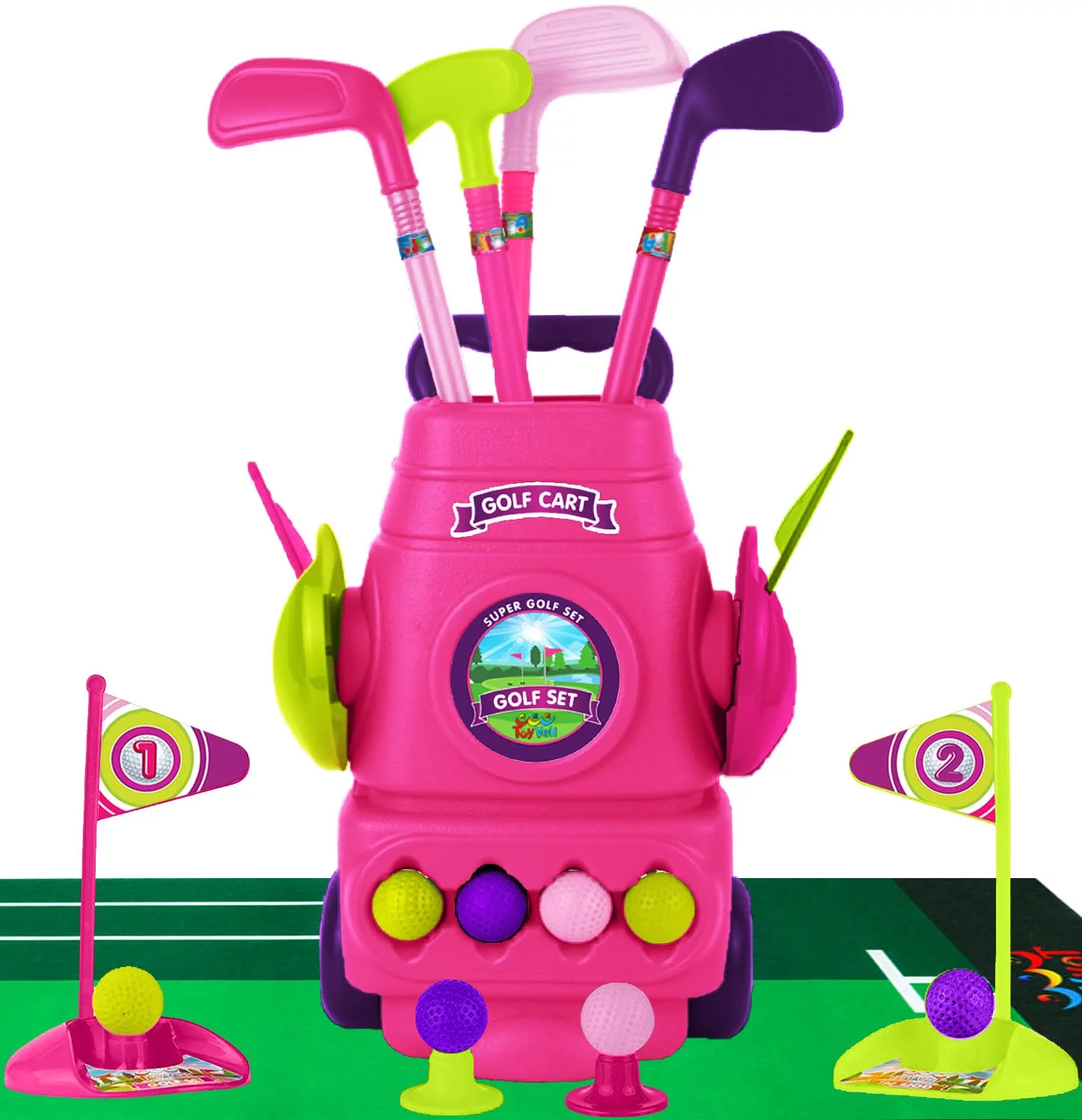 ToyVelt Toddler Golf Set - Kids Golf Clubs with 6 Balls, 4 Golf Sticks, 2 Practice Holes and a Putting Mat - Promotes Physical & Mental Development - Toys for 3 4 5 Year Old Boys Girls